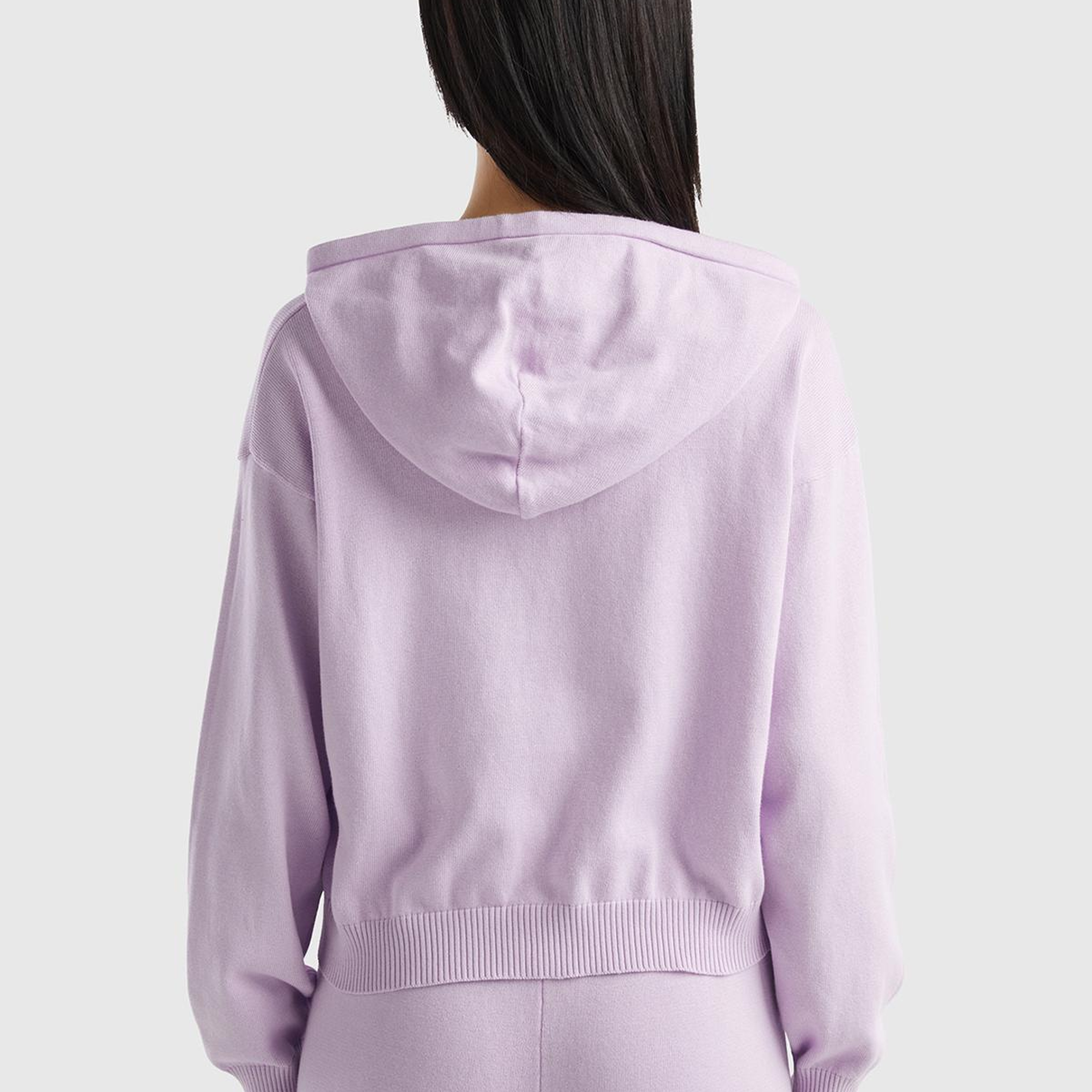 Kadın Lila %100 Pamuk Kapüşonlu Büzgülü Crop Basic Triko Sweatshirt