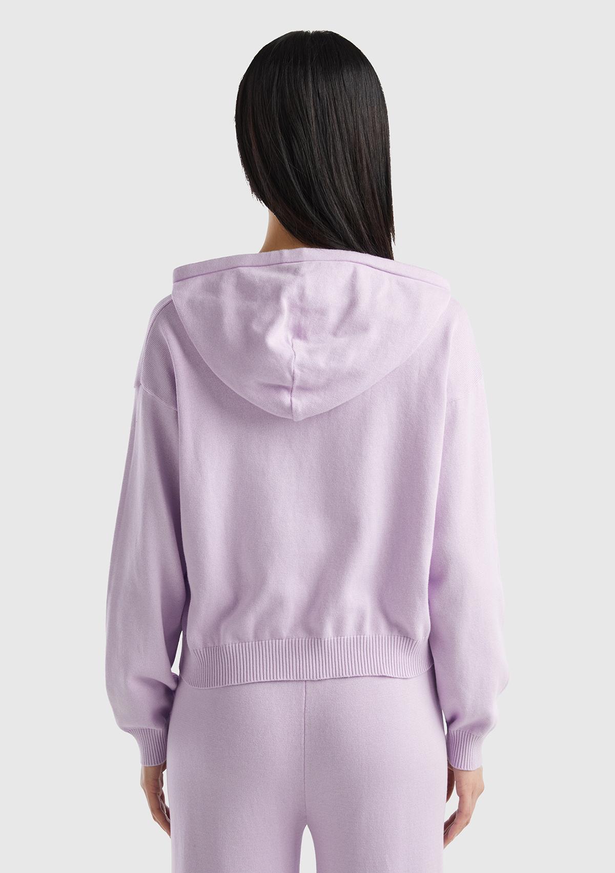 Kadın Lila %100 Pamuk Kapüşonlu Büzgülü Crop Basic Triko Sweatshirt