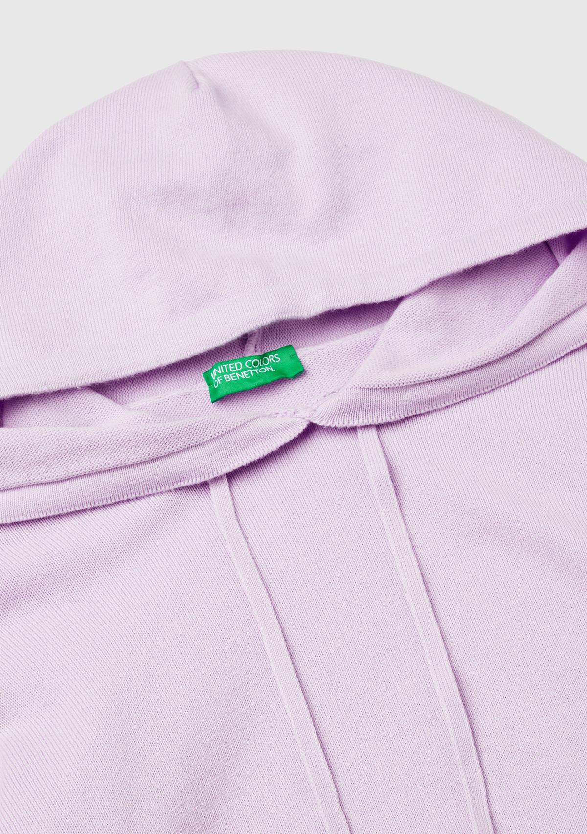 Kadın Lila %100 Pamuk Kapüşonlu Büzgülü Crop Basic Triko Sweatshirt