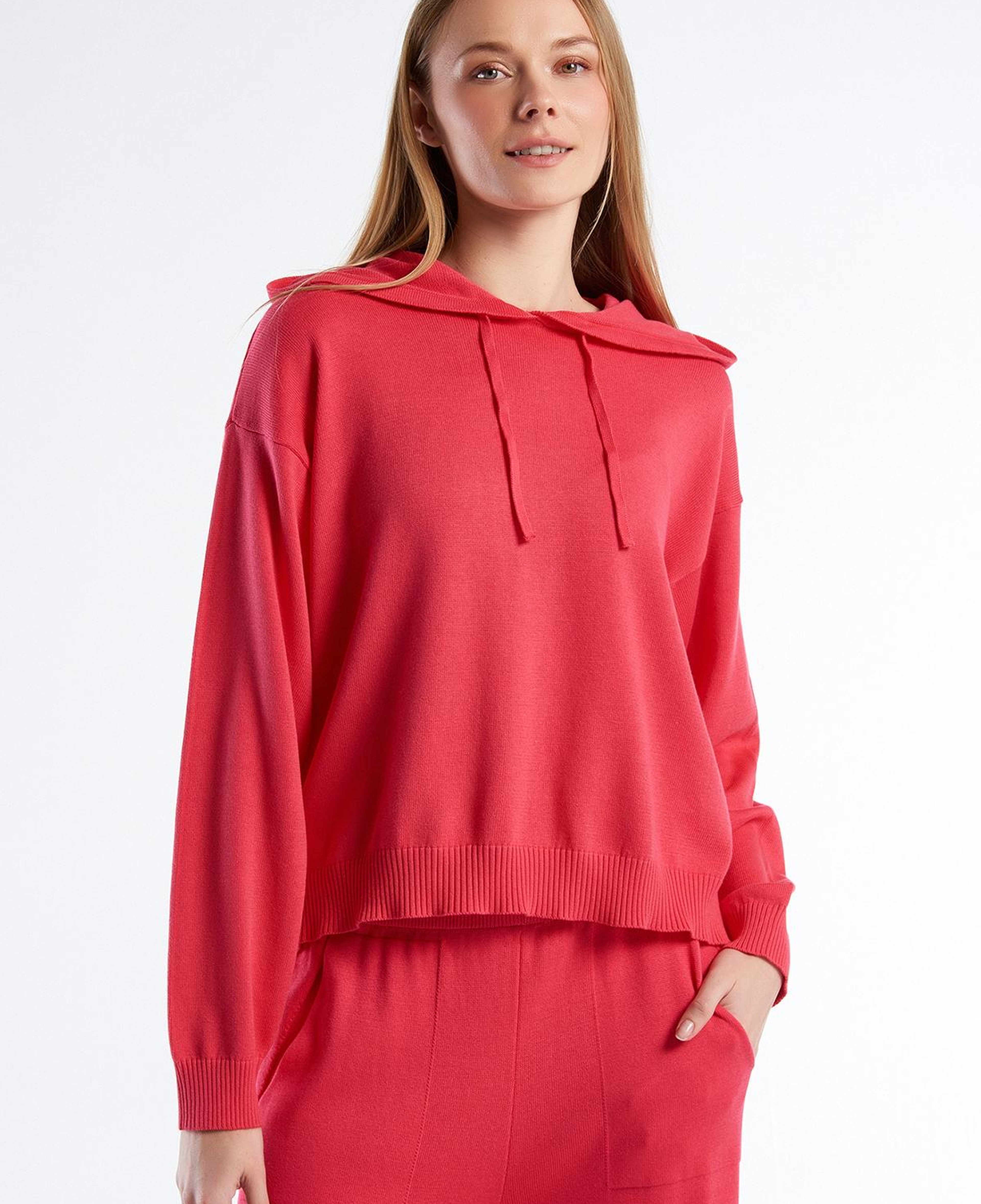 Kadın Koyu Pembe %100 Pamuk Kapüşonlu Büzgülü Crop Basic Triko Sweatshirt