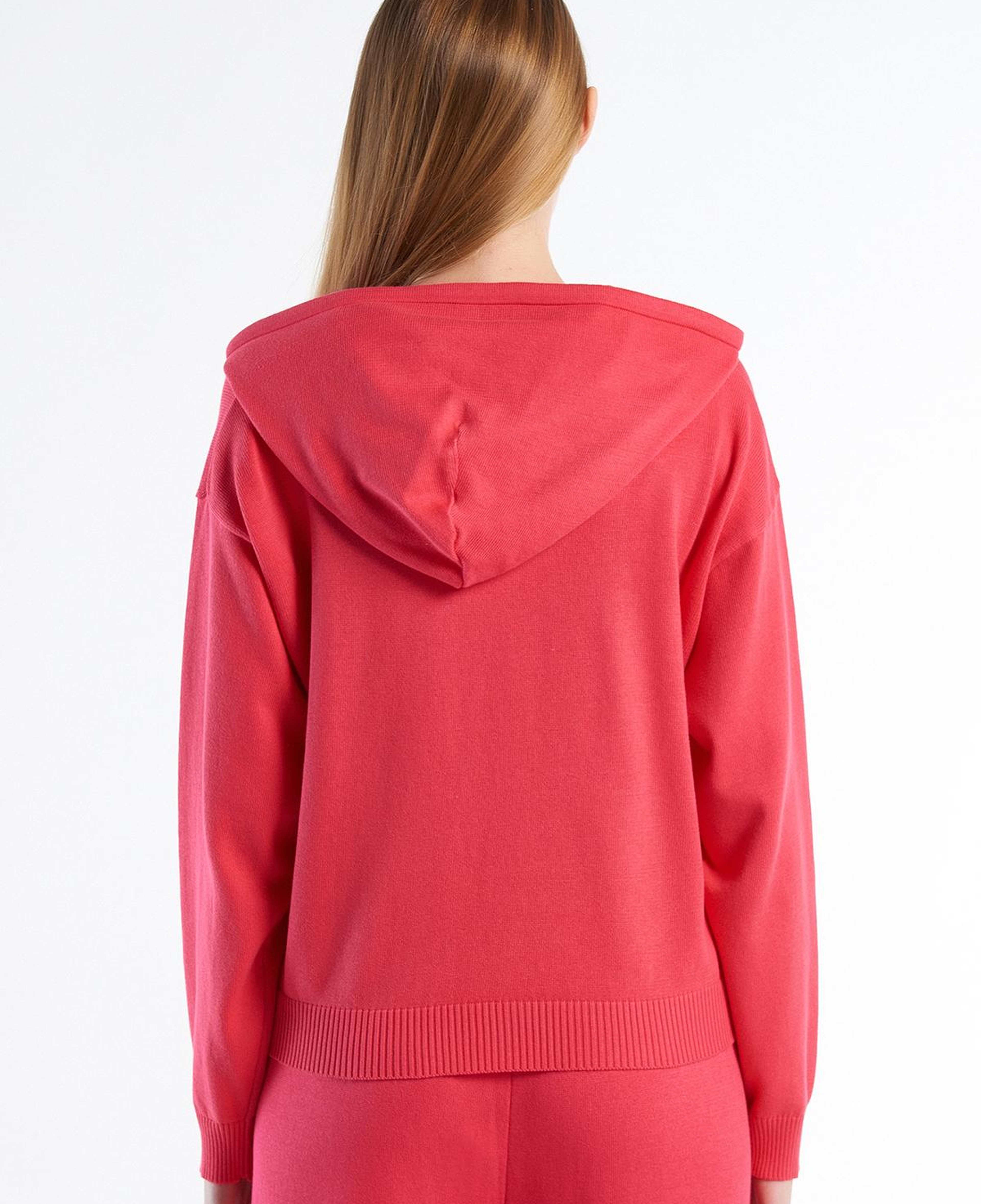 Kadın Koyu Pembe %100 Pamuk Kapüşonlu Büzgülü Crop Basic Triko Sweatshirt