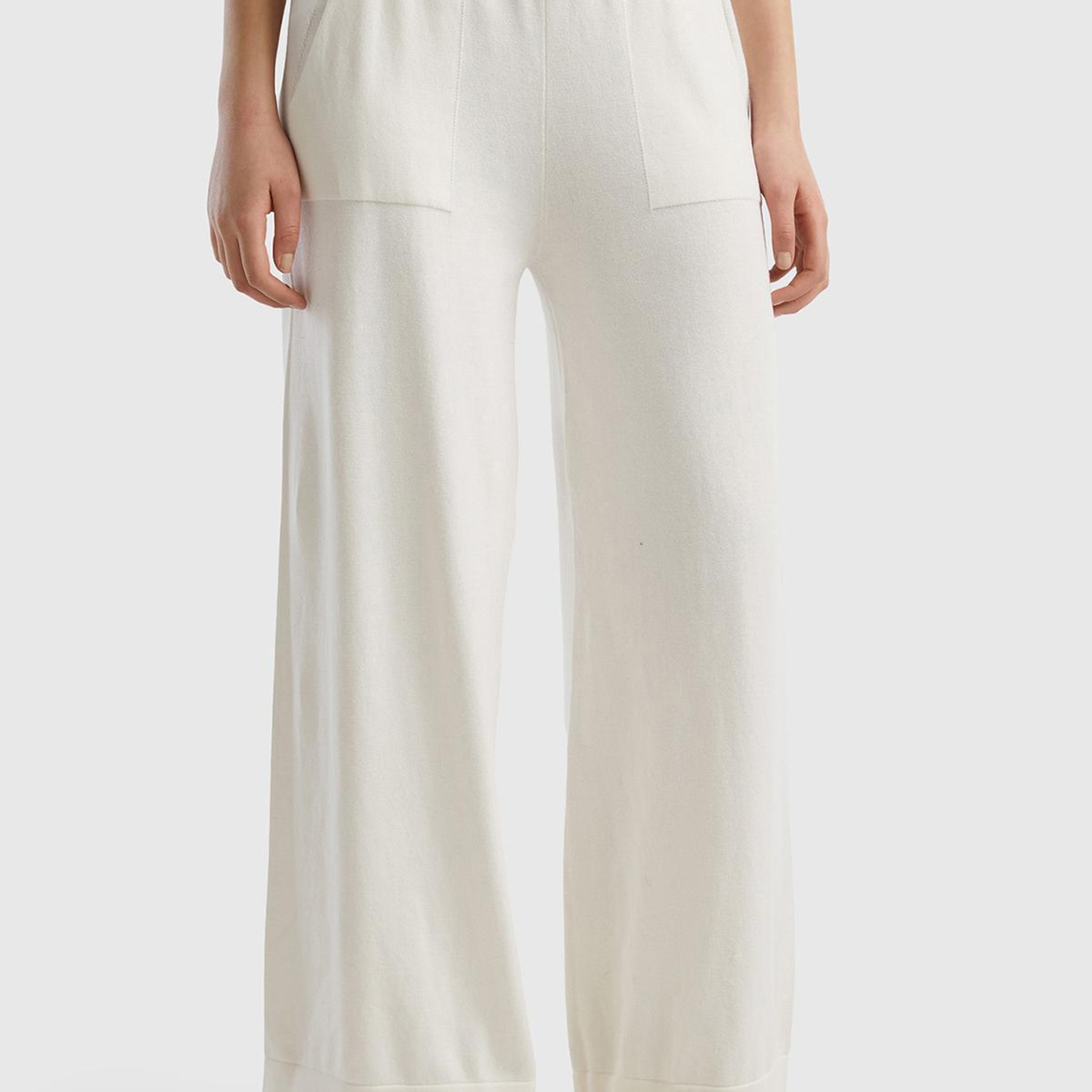 Kadın Krem %100 Koton Geniş Paça Triko Pantolon