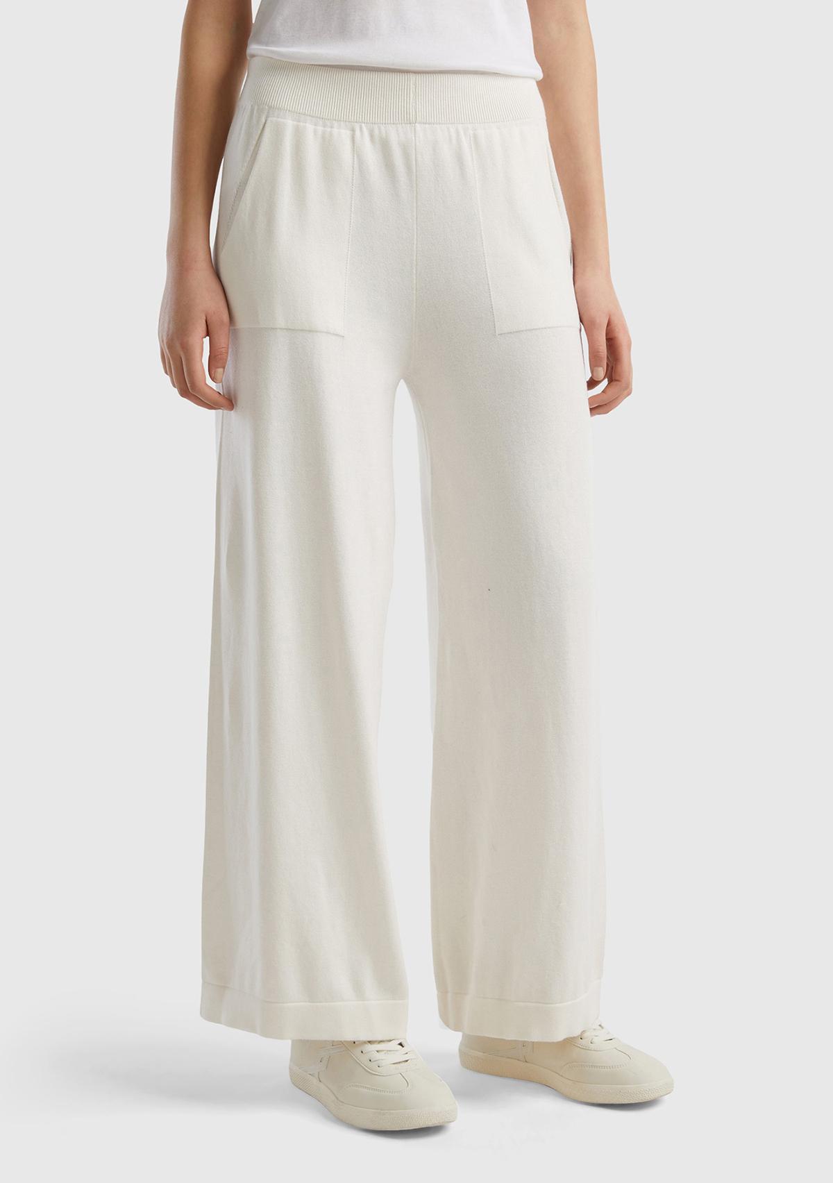 Kadın Krem %100 Koton Geniş Paça Triko Pantolon