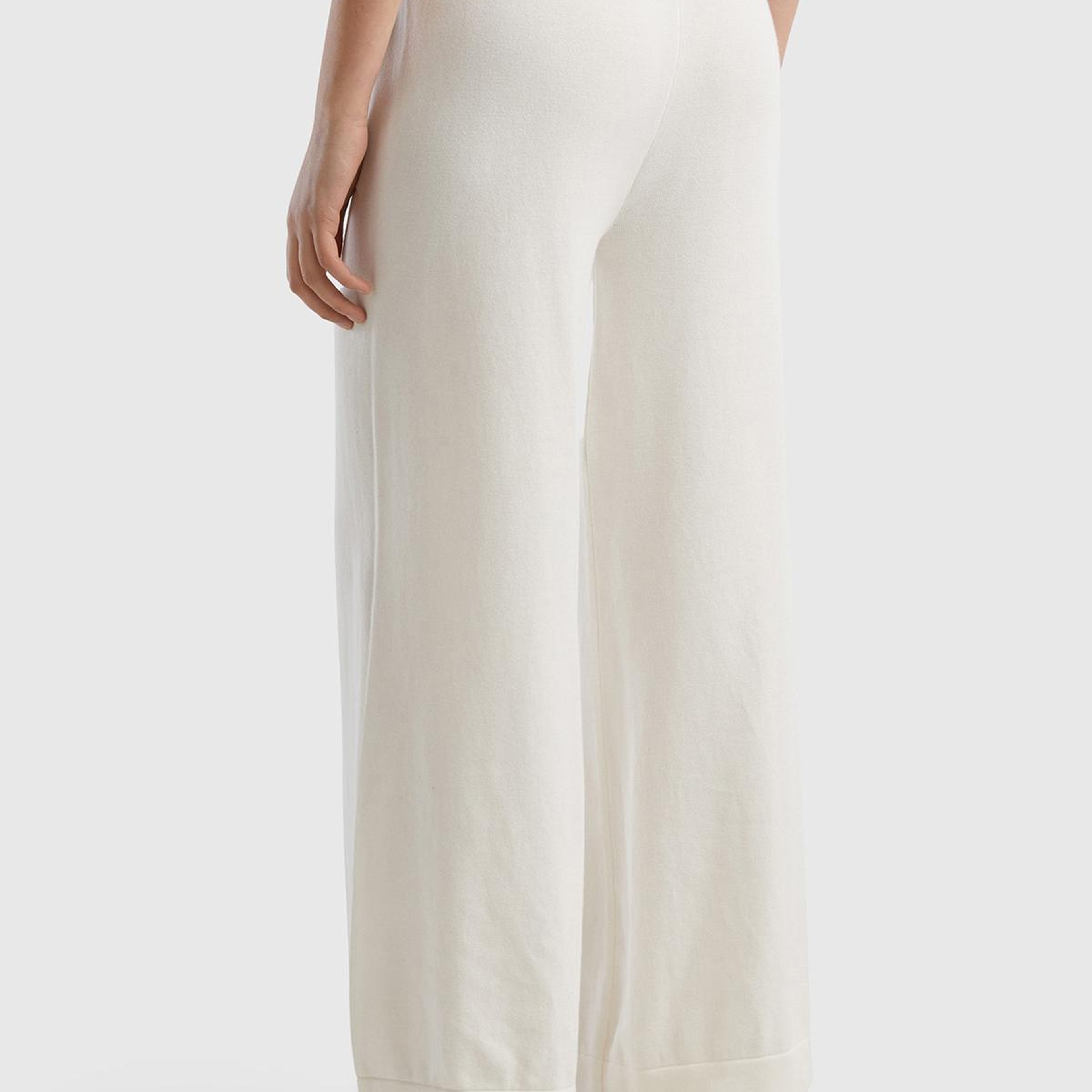 Kadın Krem %100 Koton Geniş Paça Triko Pantolon