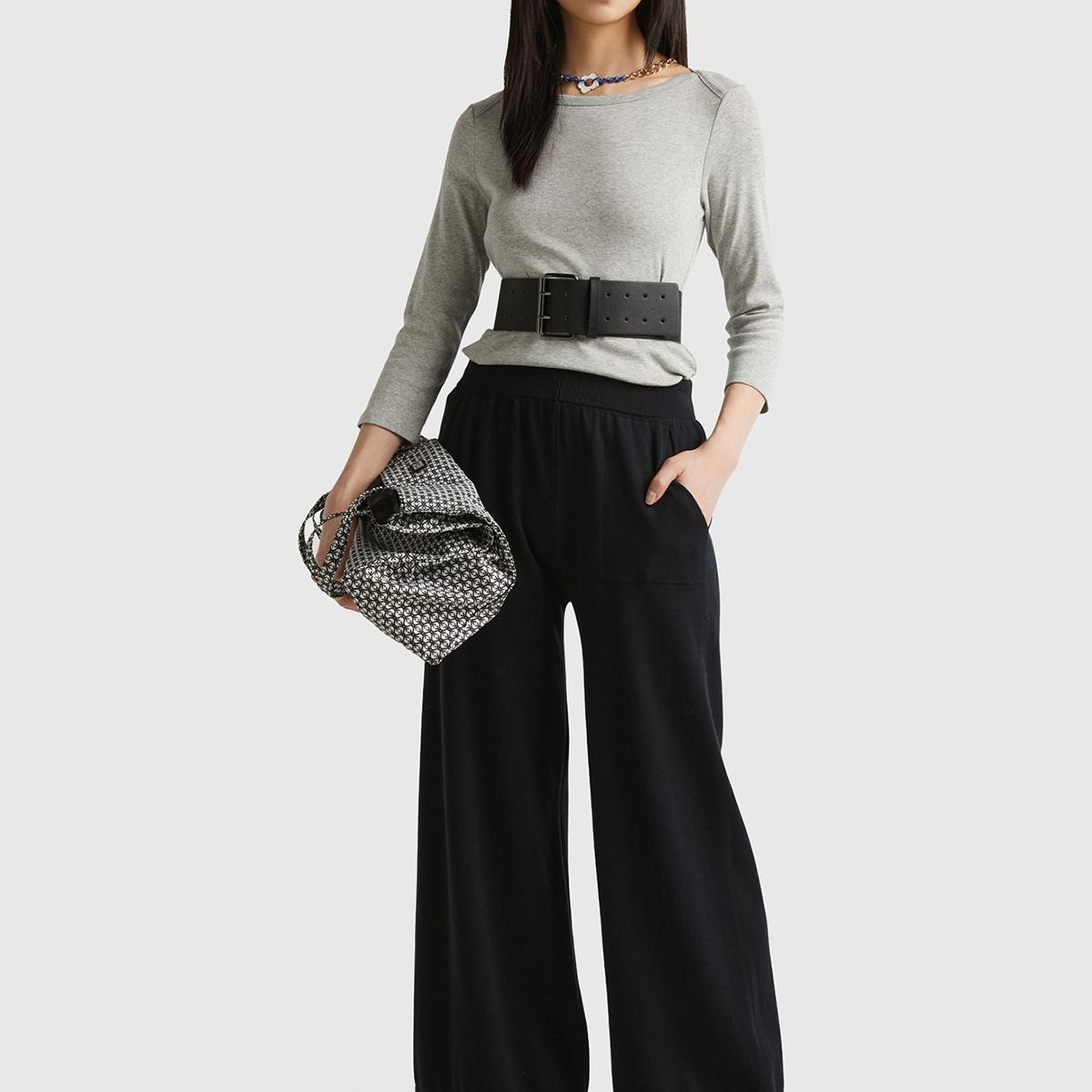 Kadın Siyah %100 Koton Geniş Paça Triko Pantolon