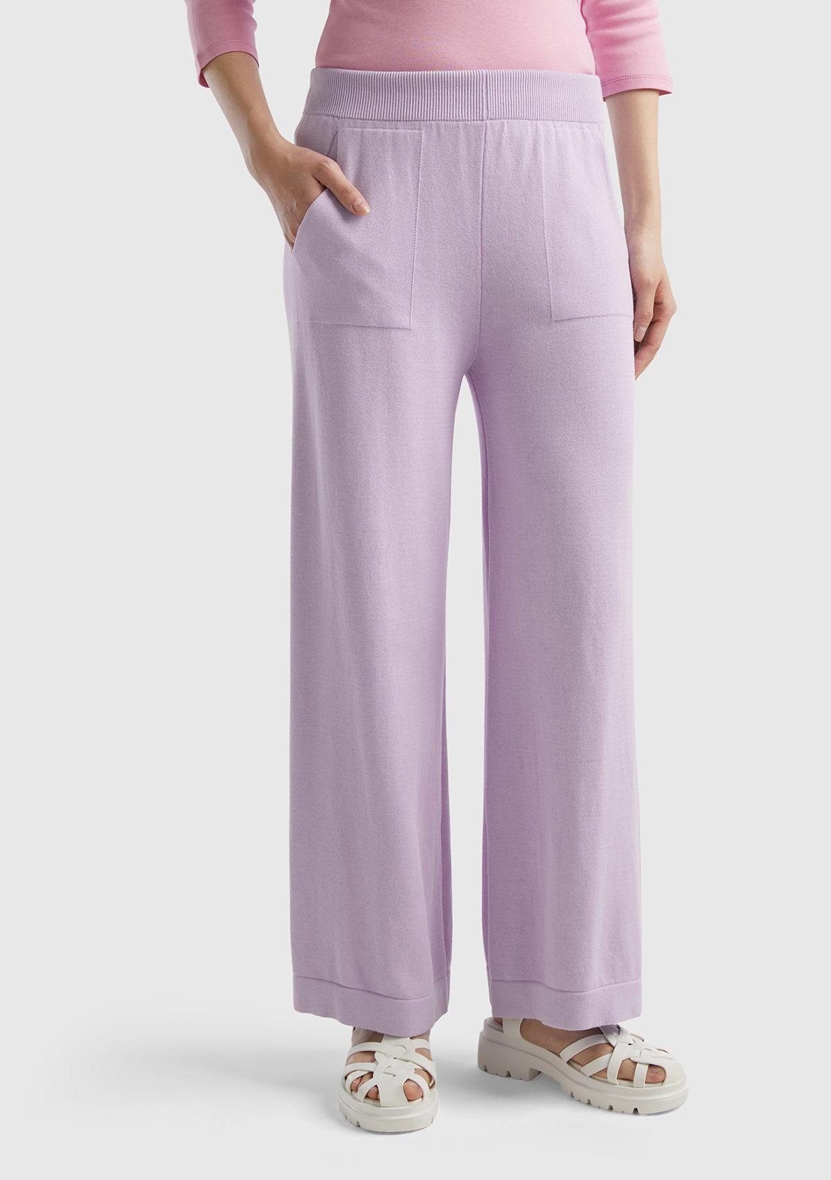 Kadın Lila %100 Koton Geniş Paça Triko Pantolon