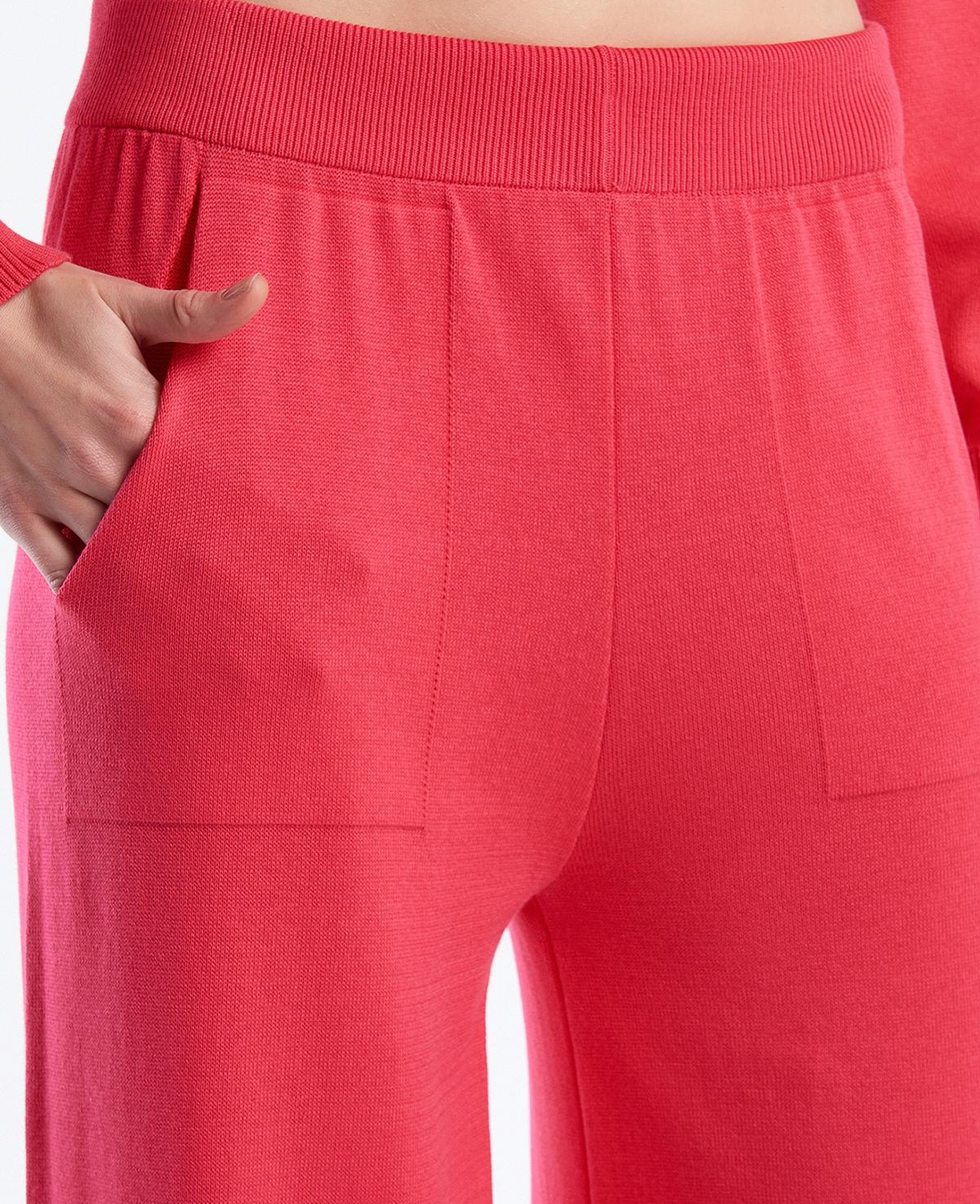 Kadın Koyu Pembe %100 Koton Geniş Paça Triko Pantolon