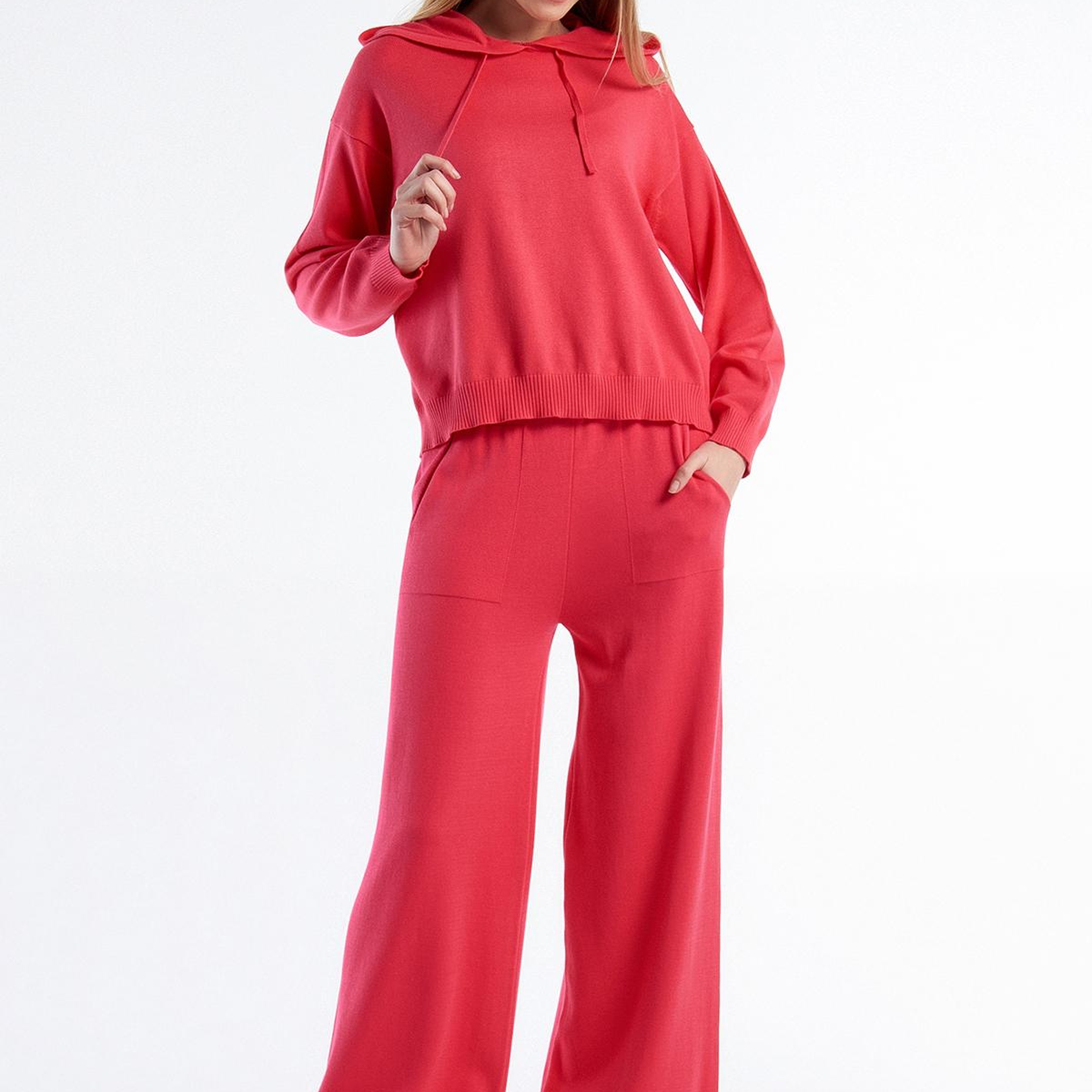 Kadın Koyu Pembe %100 Koton Geniş Paça Triko Pantolon