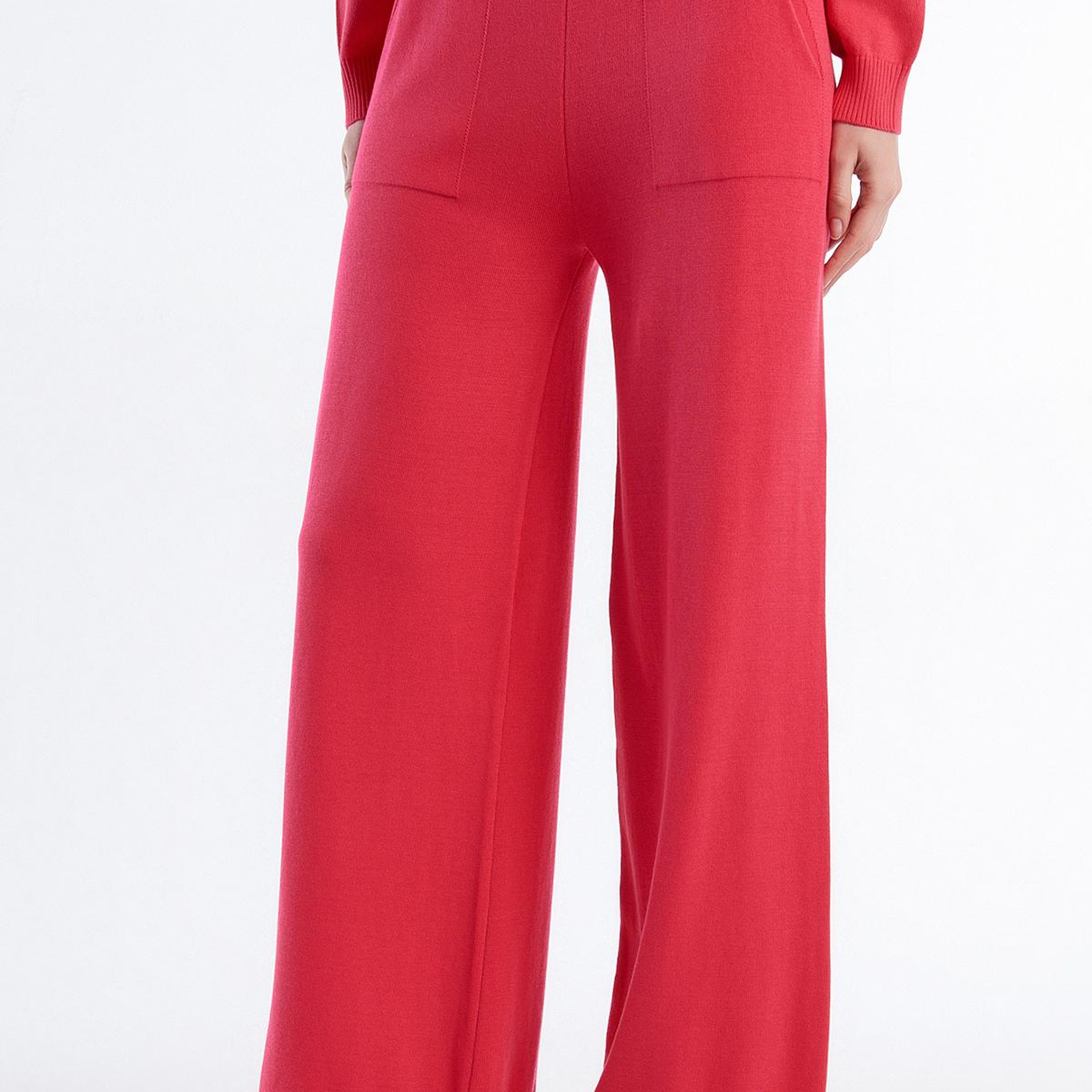 Kadın Koyu Pembe %100 Koton Geniş Paça Triko Pantolon