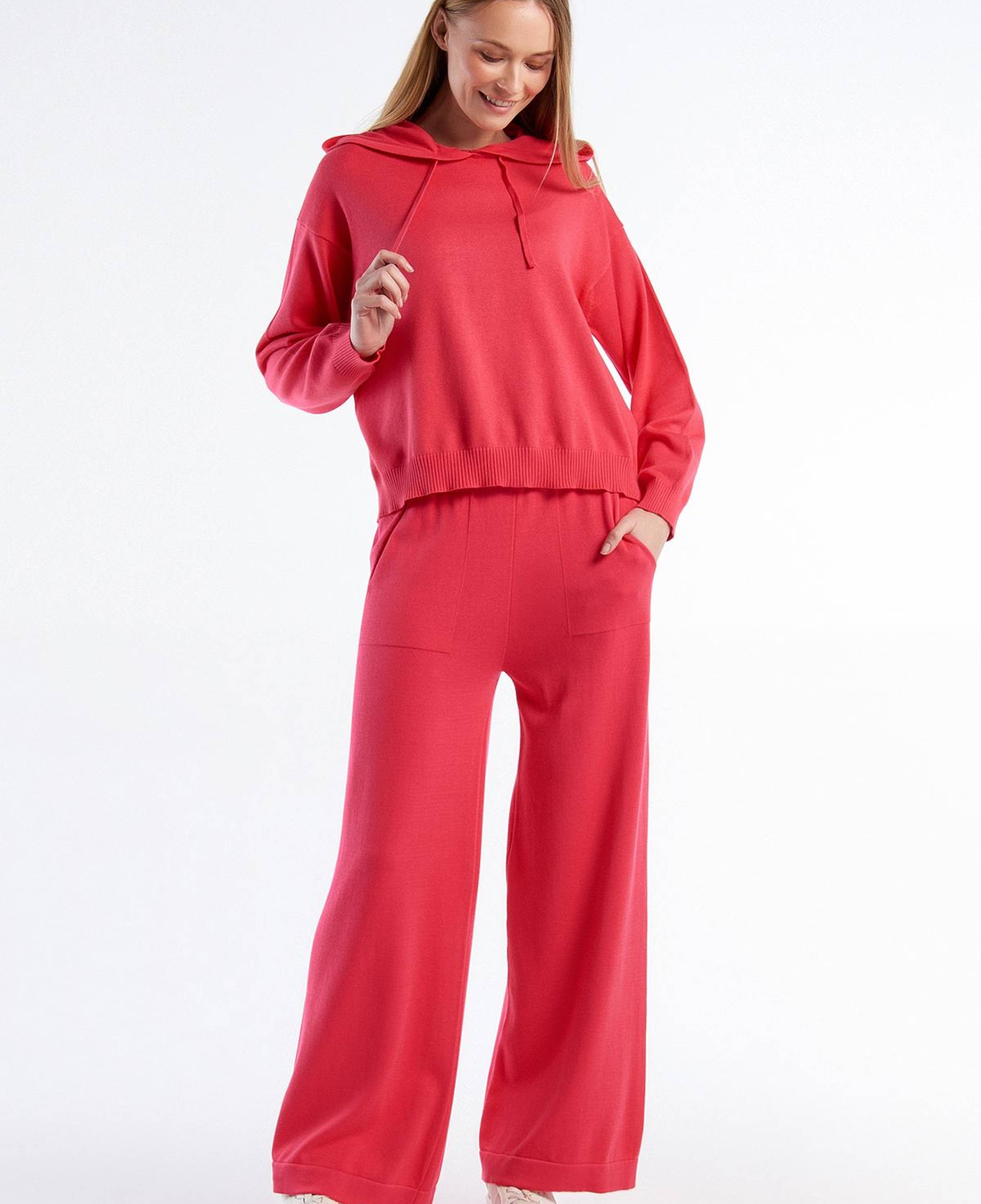 Kadın Koyu Pembe %100 Koton Geniş Paça Triko Pantolon