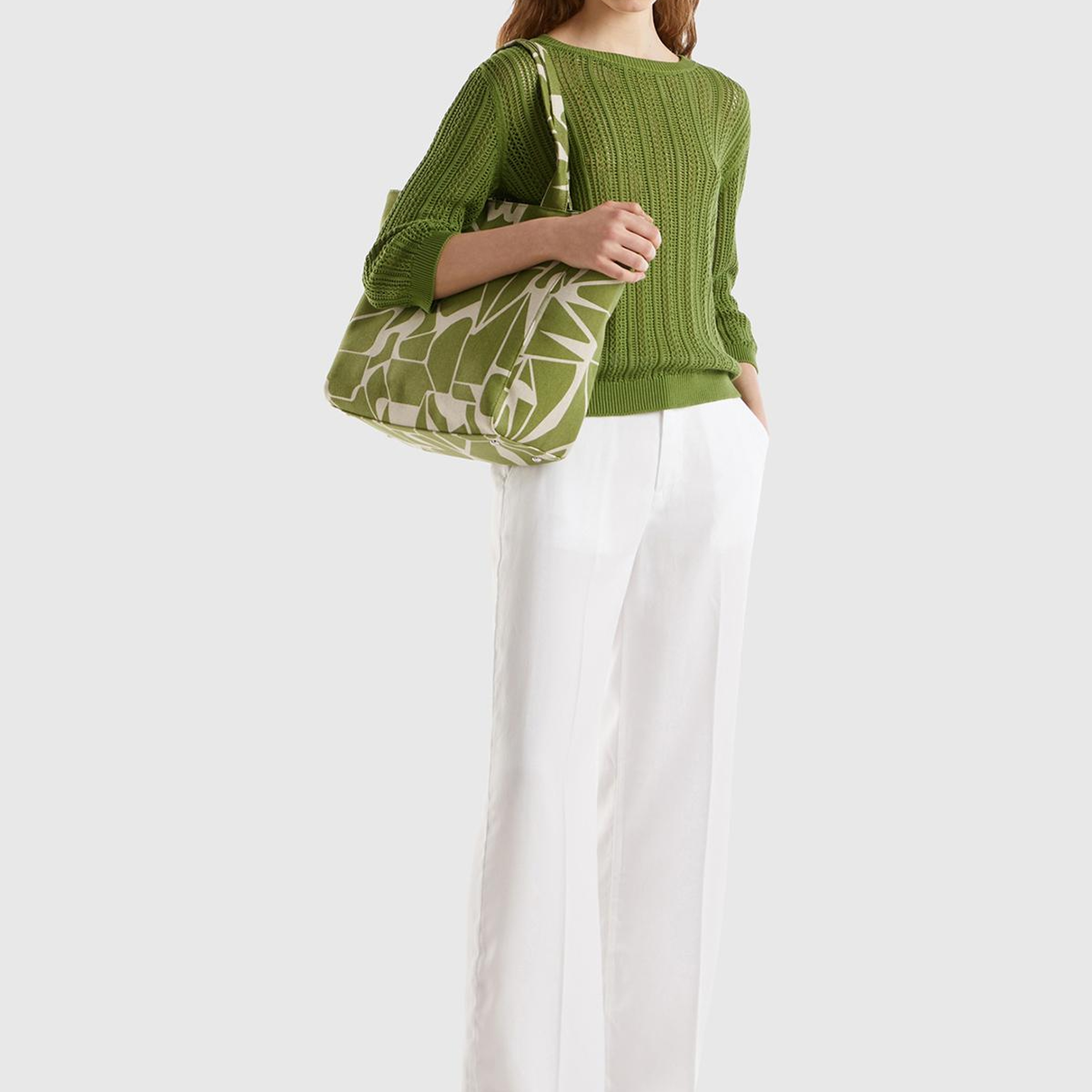 Kadın Soluk Yeşil %100 Pamuk Tığ İşi Kolları Büzgülü Bisiklet Yaka Kazak