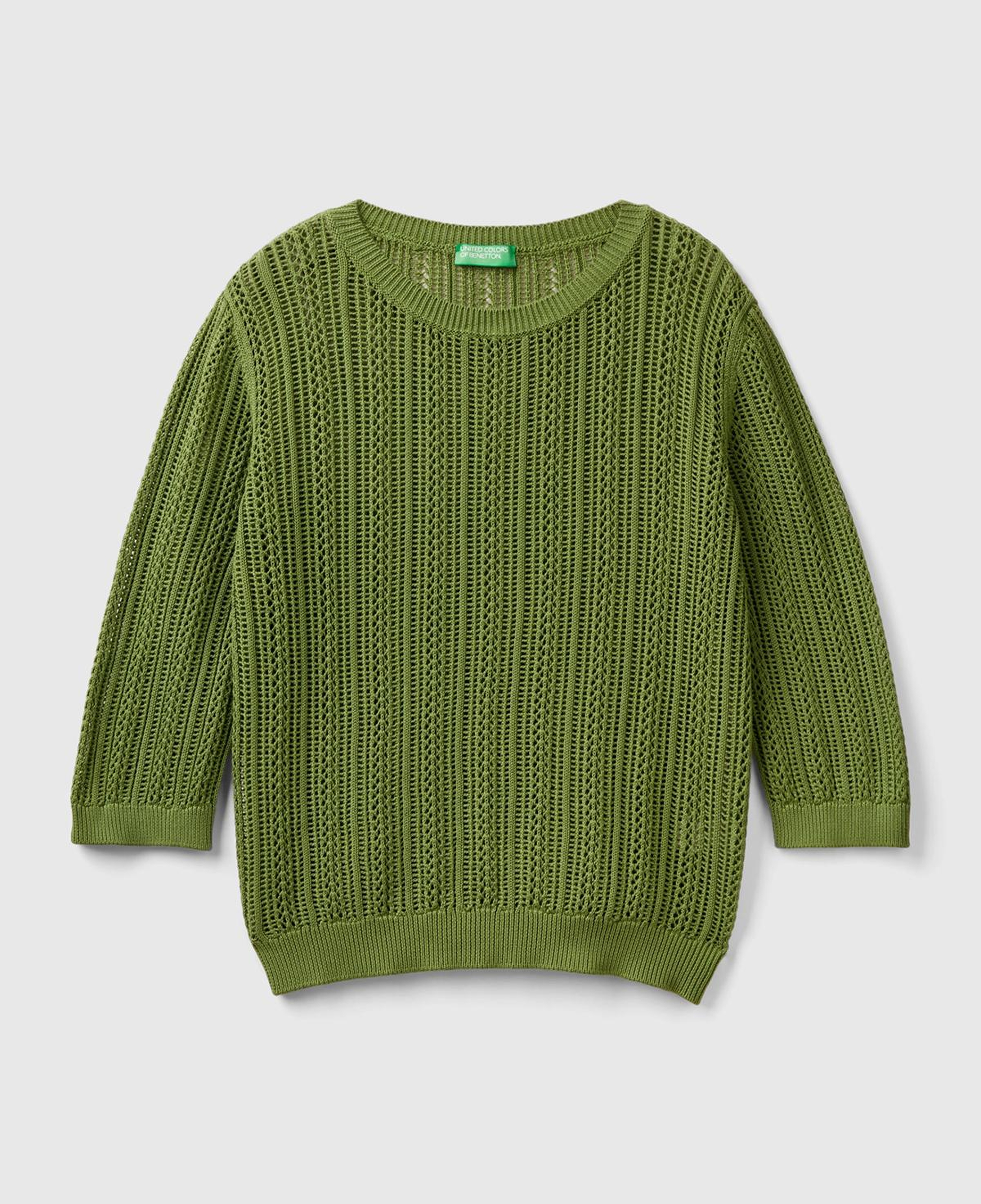 Kadın Soluk Yeşil %100 Pamuk Tığ İşi Kolları Büzgülü Bisiklet Yaka Kazak