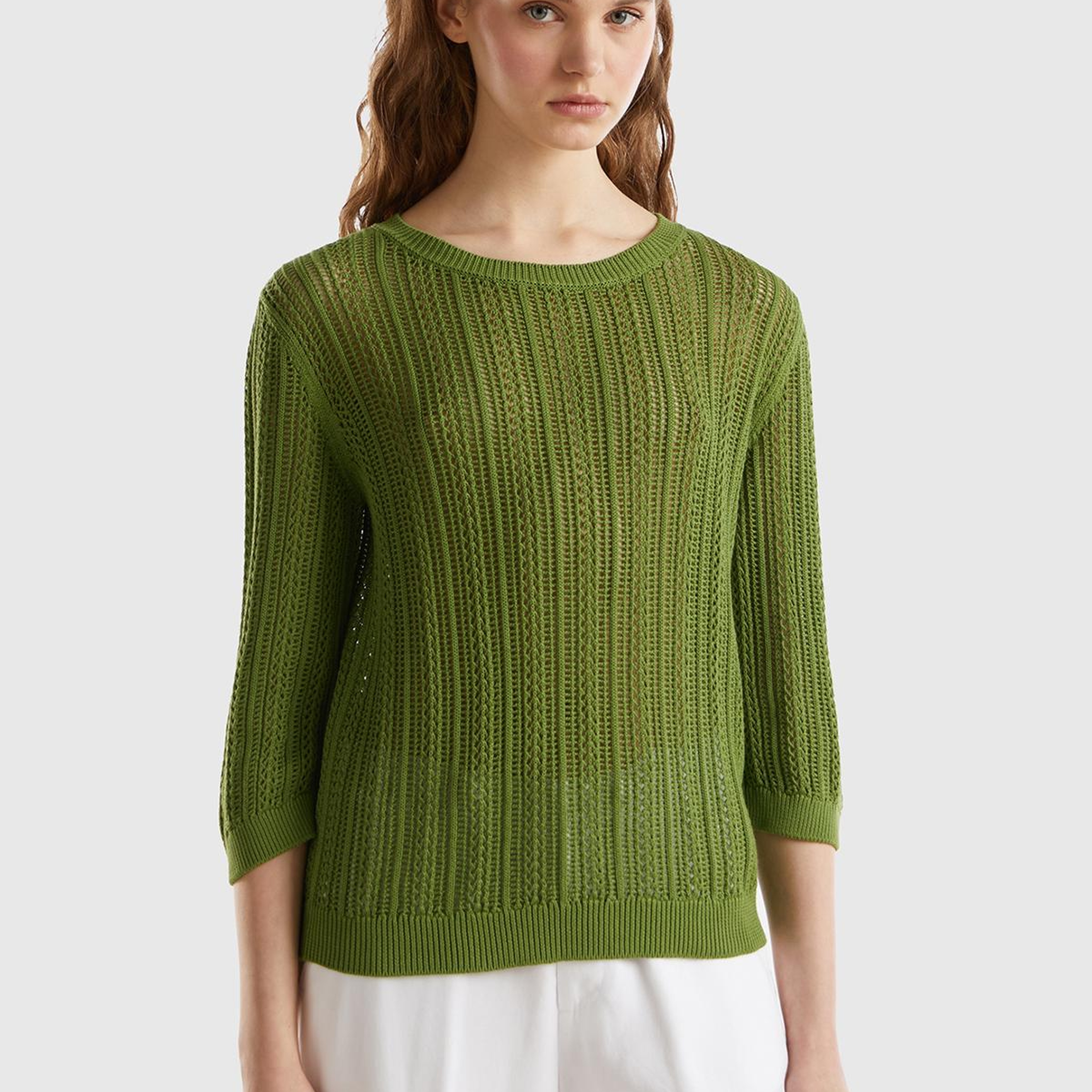 Kadın Soluk Yeşil %100 Pamuk Tığ İşi Kolları Büzgülü Bisiklet Yaka Kazak