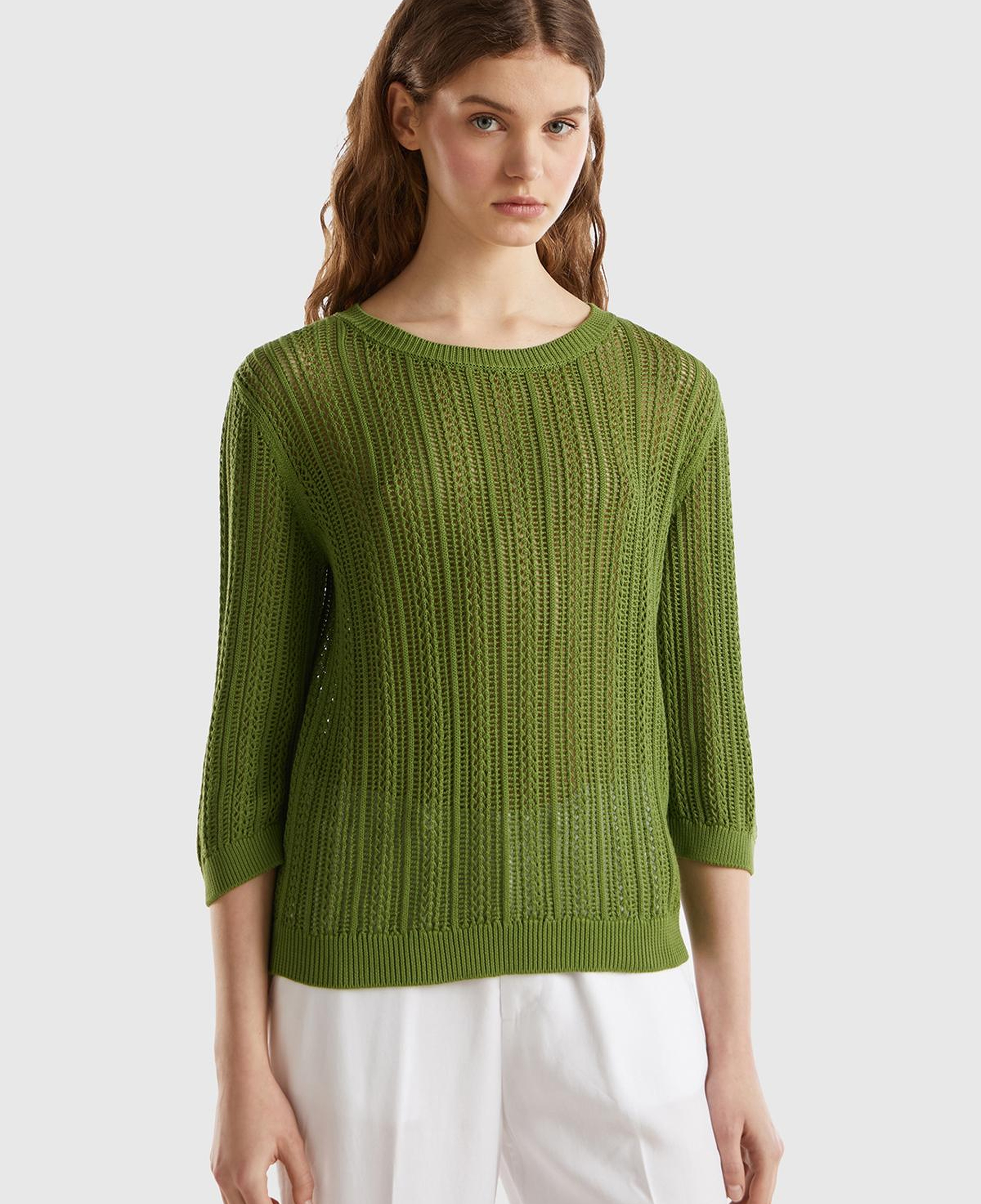 Kadın Soluk Yeşil %100 Pamuk Tığ İşi Kolları Büzgülü Bisiklet Yaka Kazak