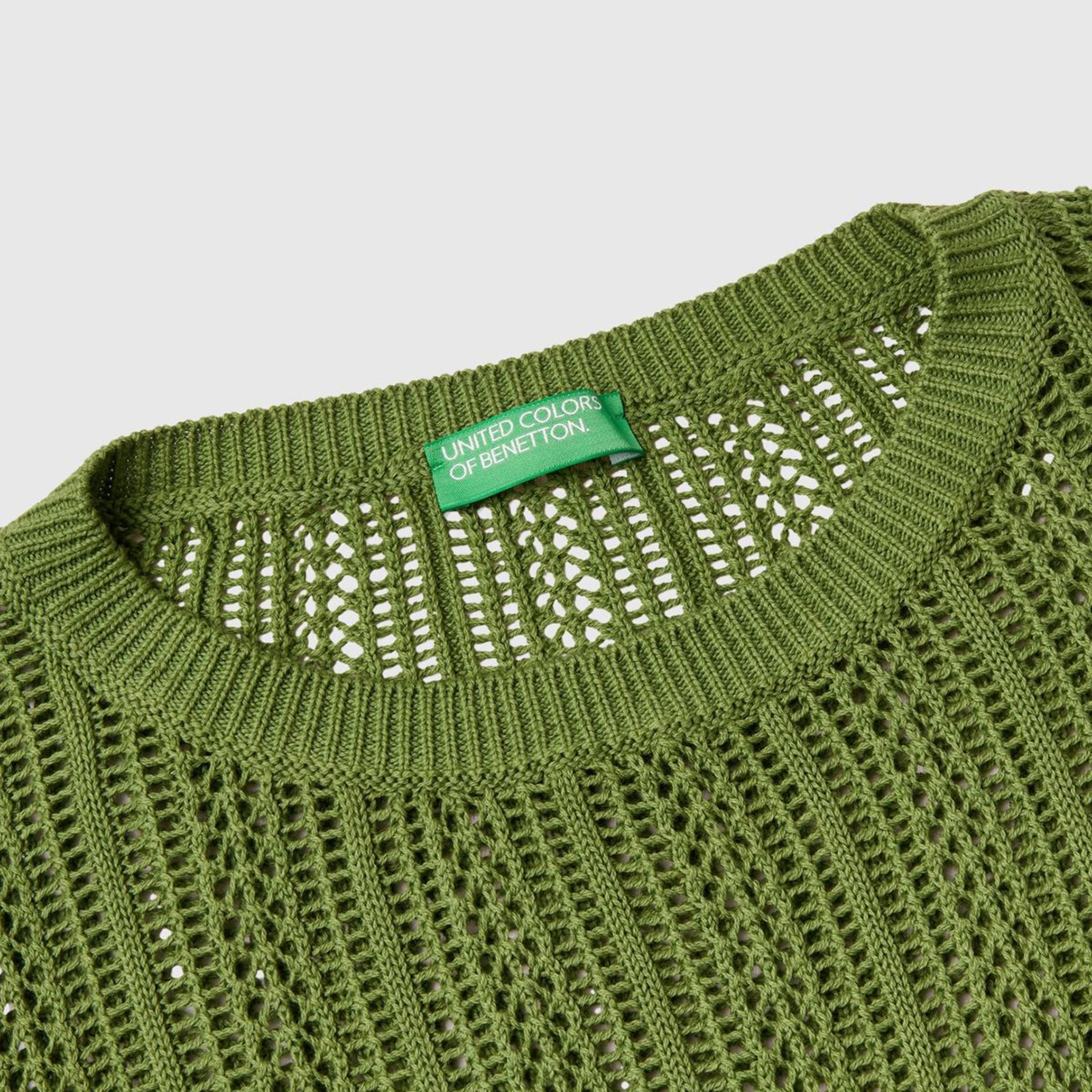 Kadın Soluk Yeşil %100 Pamuk Tığ İşi Kolları Büzgülü Bisiklet Yaka Kazak