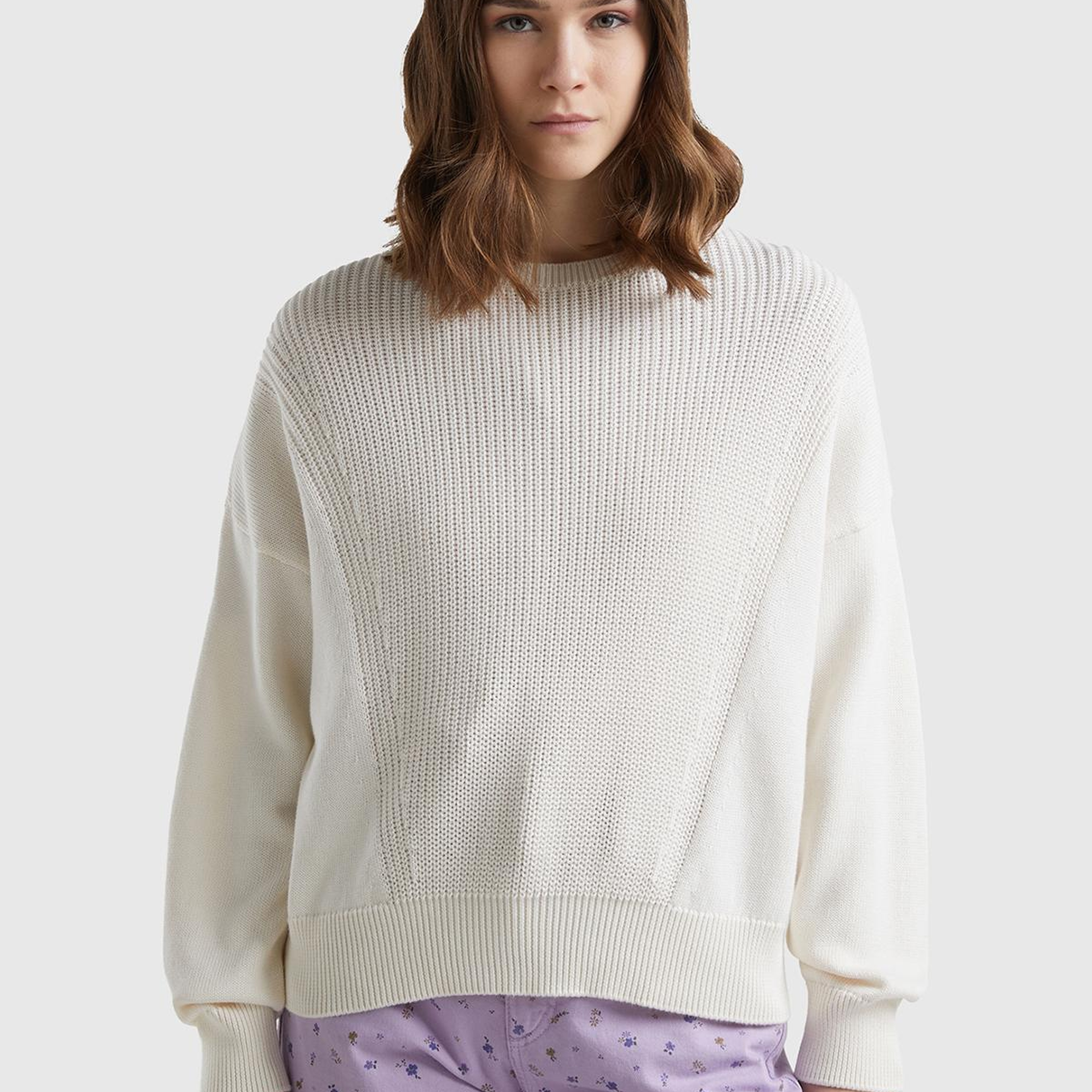 Kadın Krem %100 Pamuk Önü Detaylı Kayık Yaka Kazak