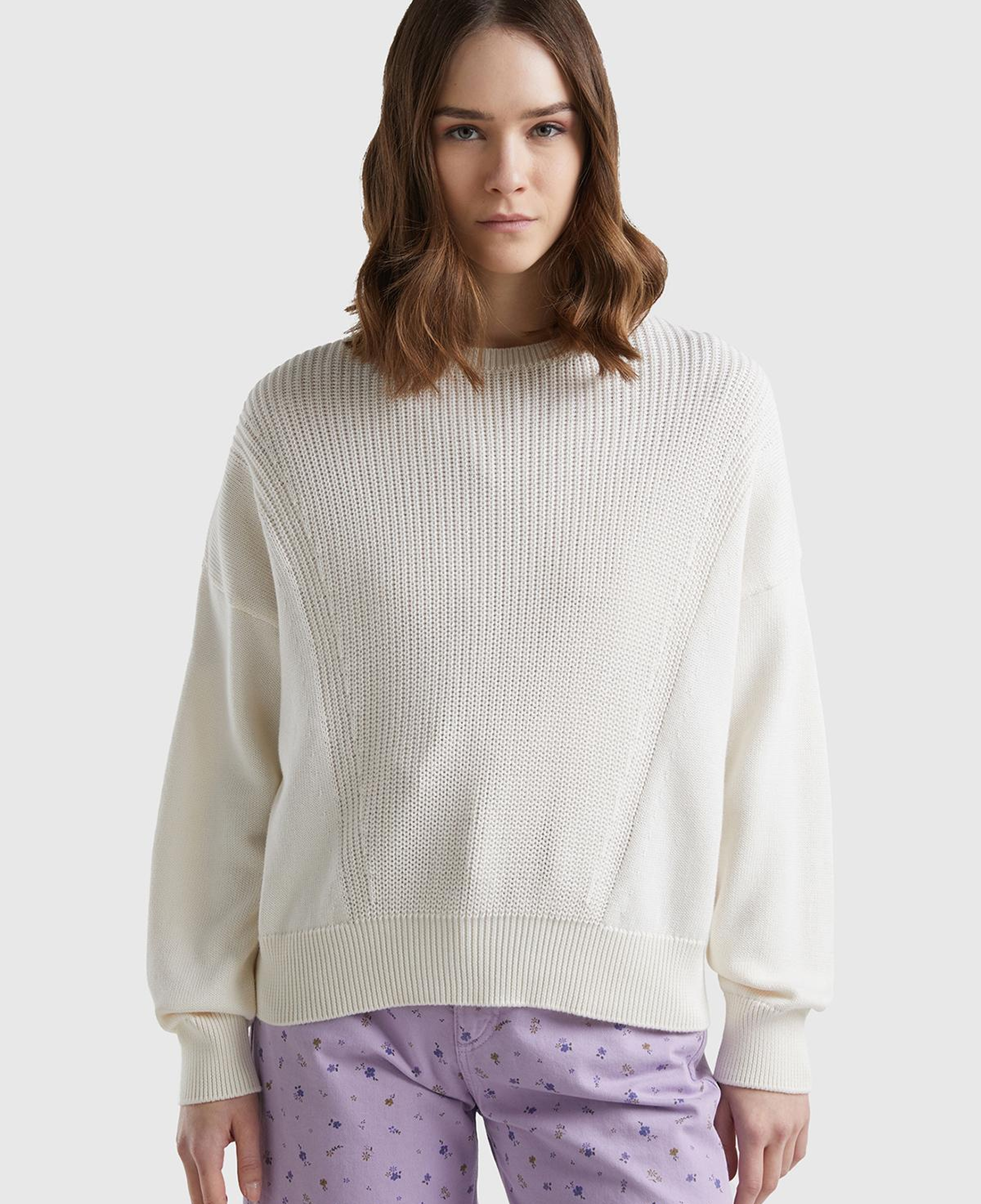 Kadın Krem %100 Pamuk Önü Detaylı Kayık Yaka Kazak