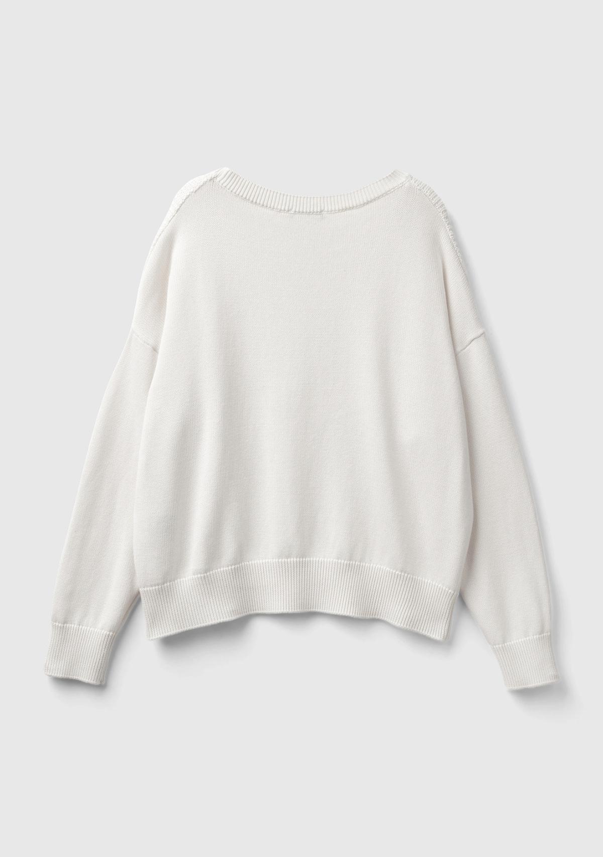 Kadın Krem %100 Pamuk Önü Detaylı Kayık Yaka Kazak