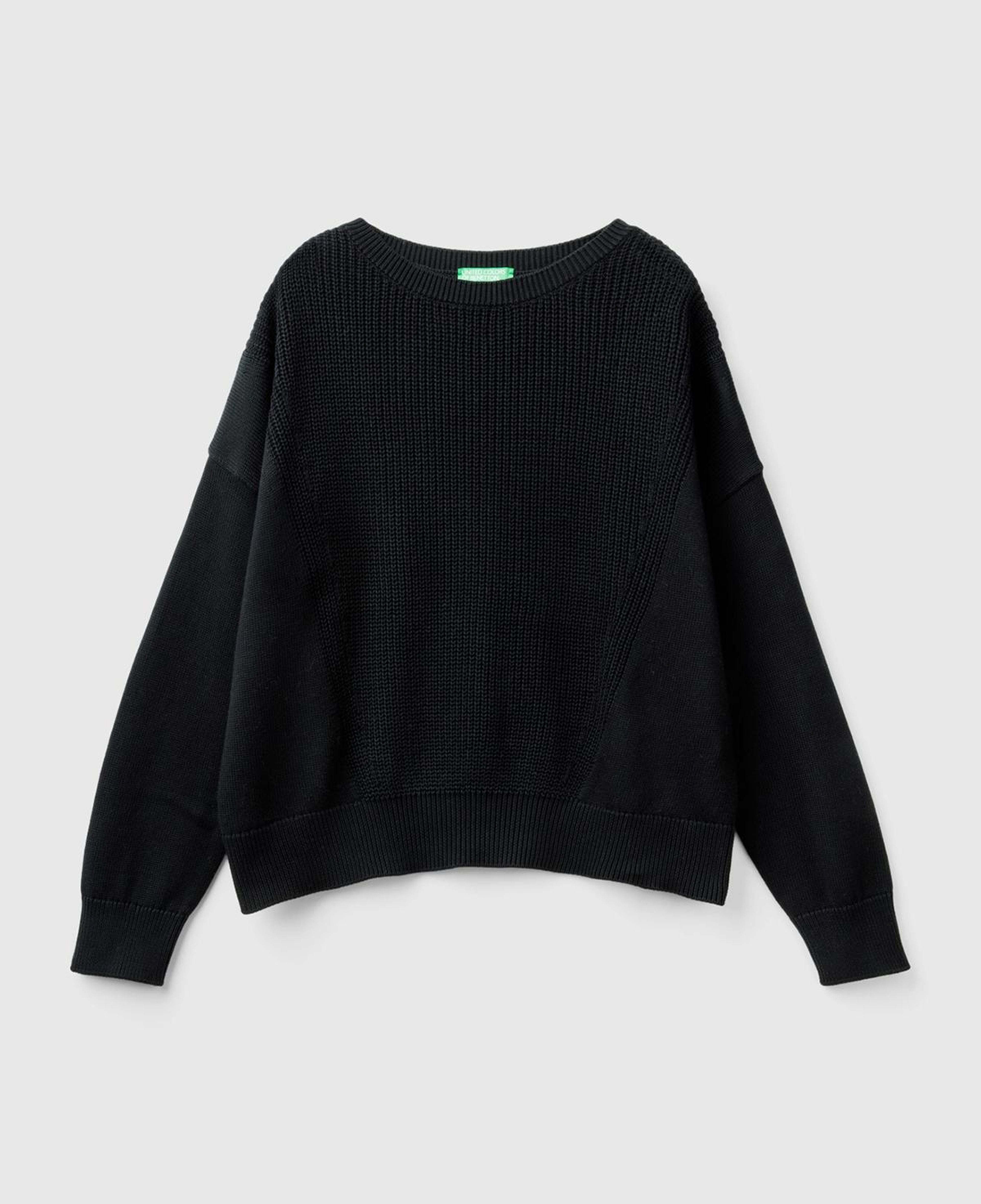 Kadın Siyah %100 Pamuk Önü Detaylı Kayık Yaka Kazak