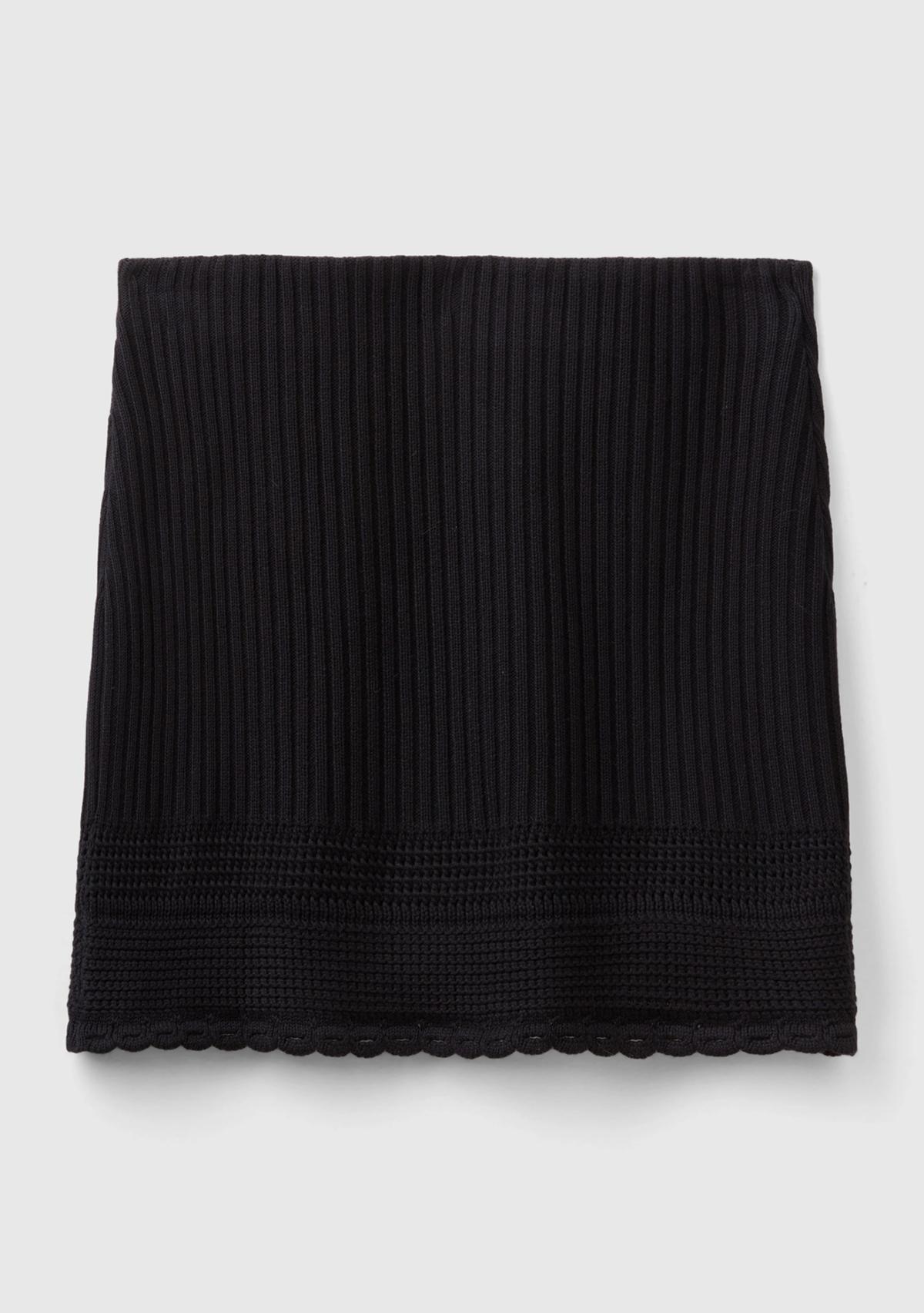 Kadın Siyah %100 Pamuk Örgü Motifli Altı Saçaklı Triko Mini Etek