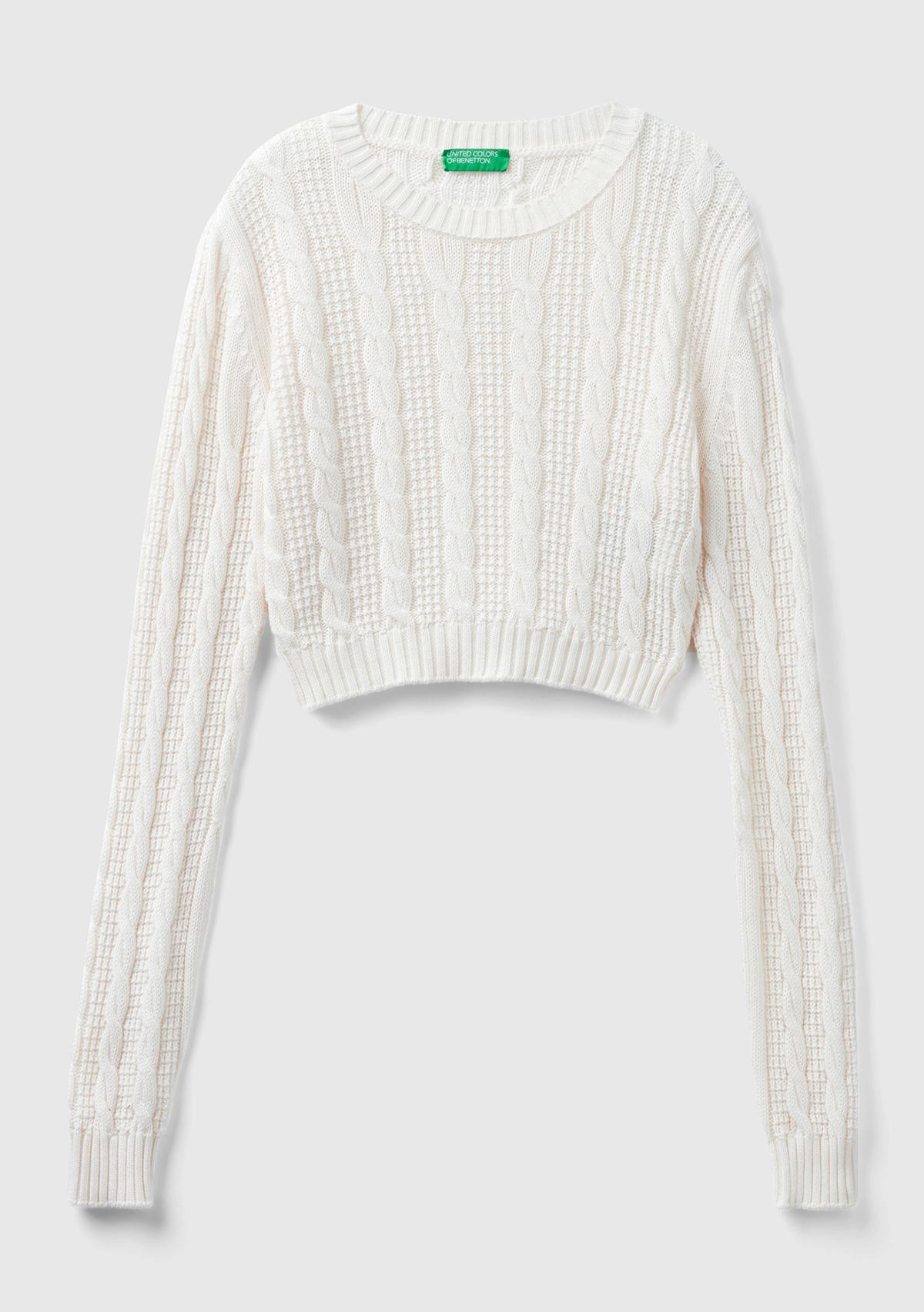 Kadın Krem %100 Pamuk Örgü Motifli Bisiklet Yaka Crop Kazak