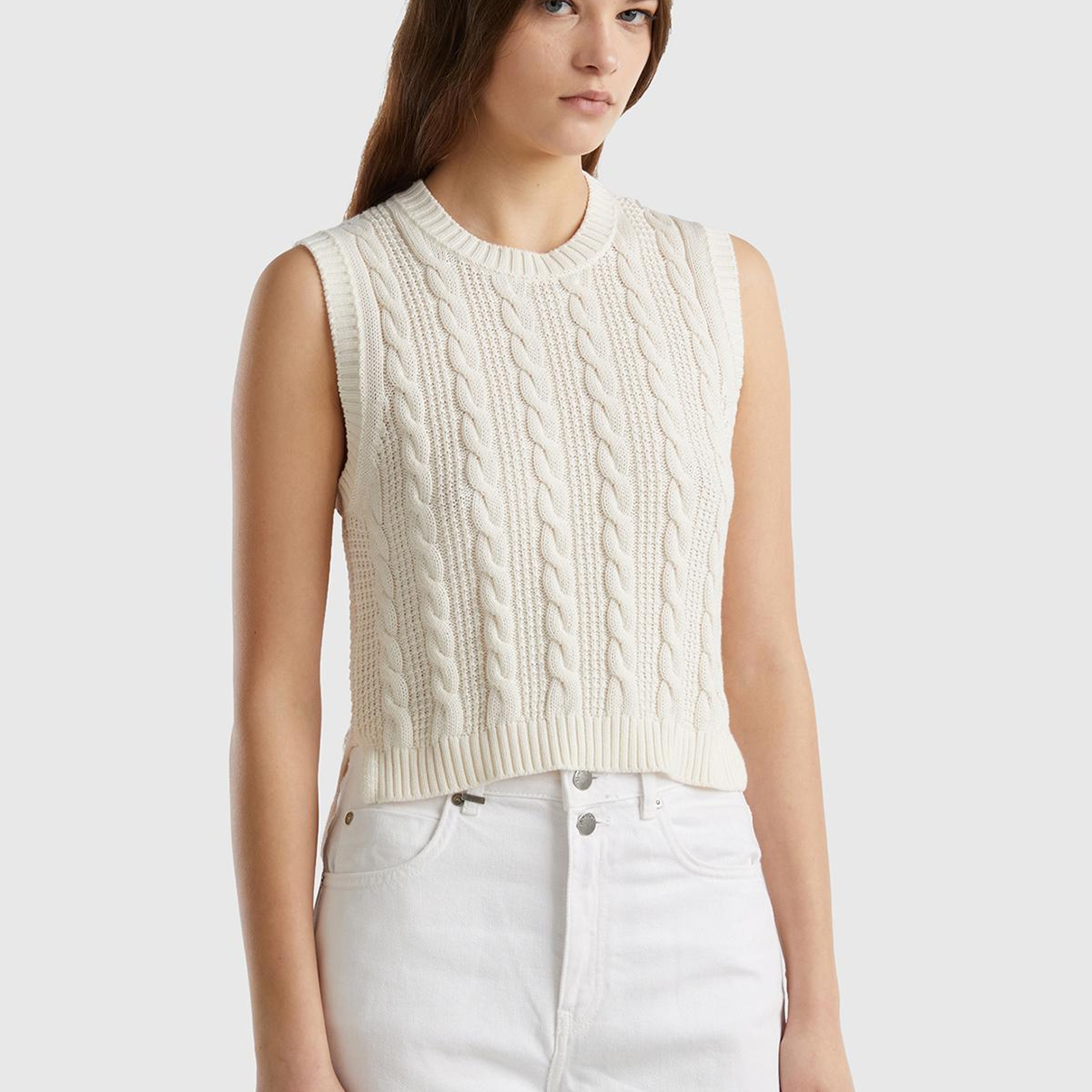 Kadın Krem %100 Koton Saç Örgülü Crop Süveter