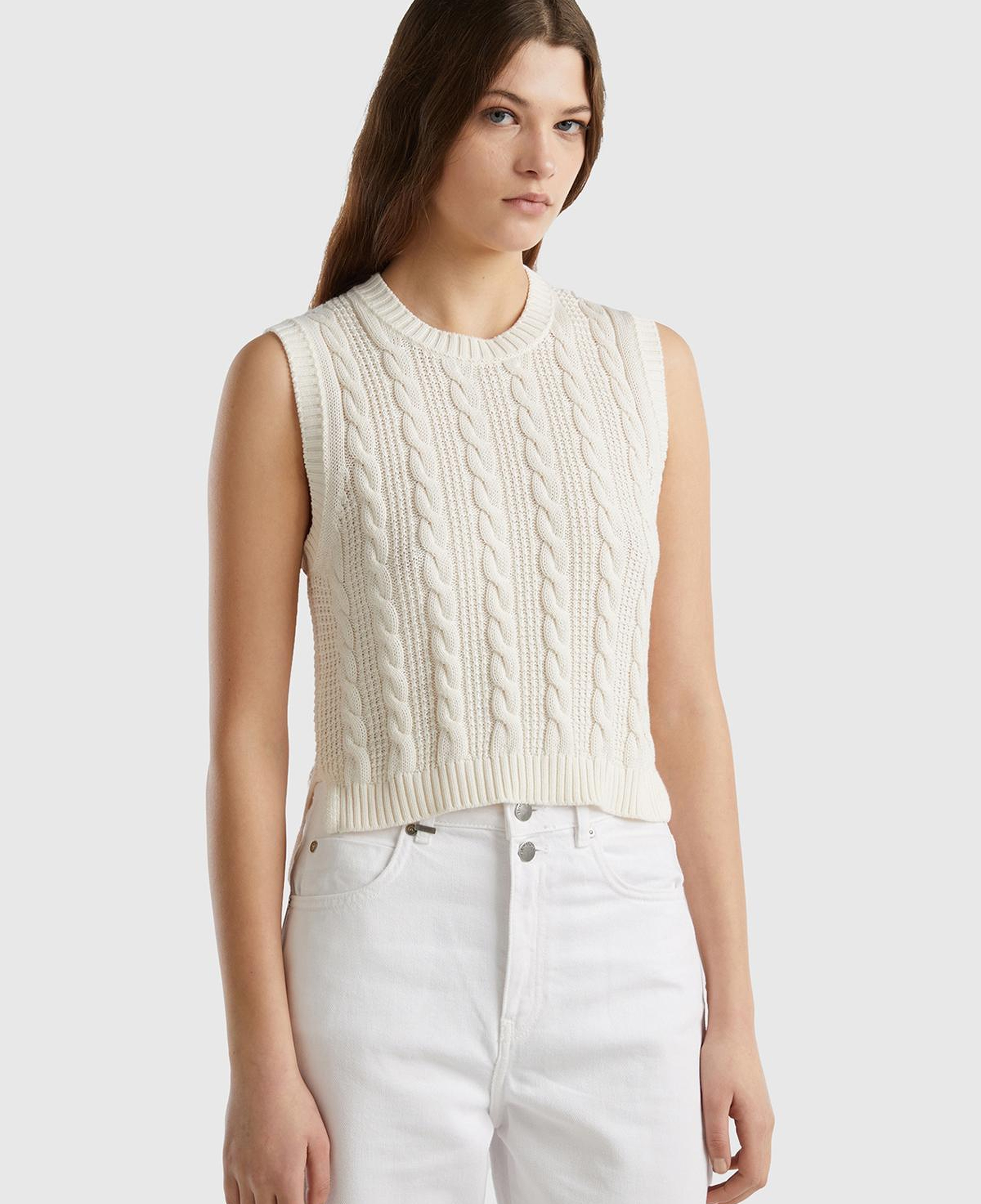 Kadın Krem %100 Koton Saç Örgülü Crop Süveter