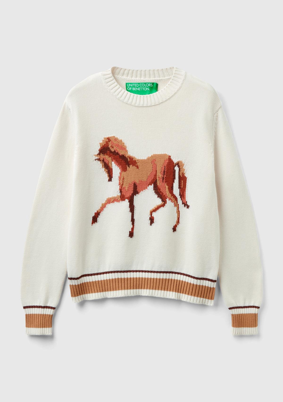 Kadın Krem %100 Pamuk Kontrast At Baskılı Bisiklet Yaka Kazak