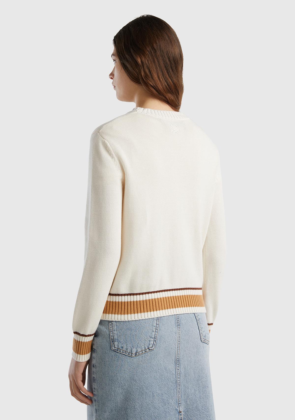 Kadın Krem %100 Pamuk Kontrast At Baskılı Bisiklet Yaka Kazak