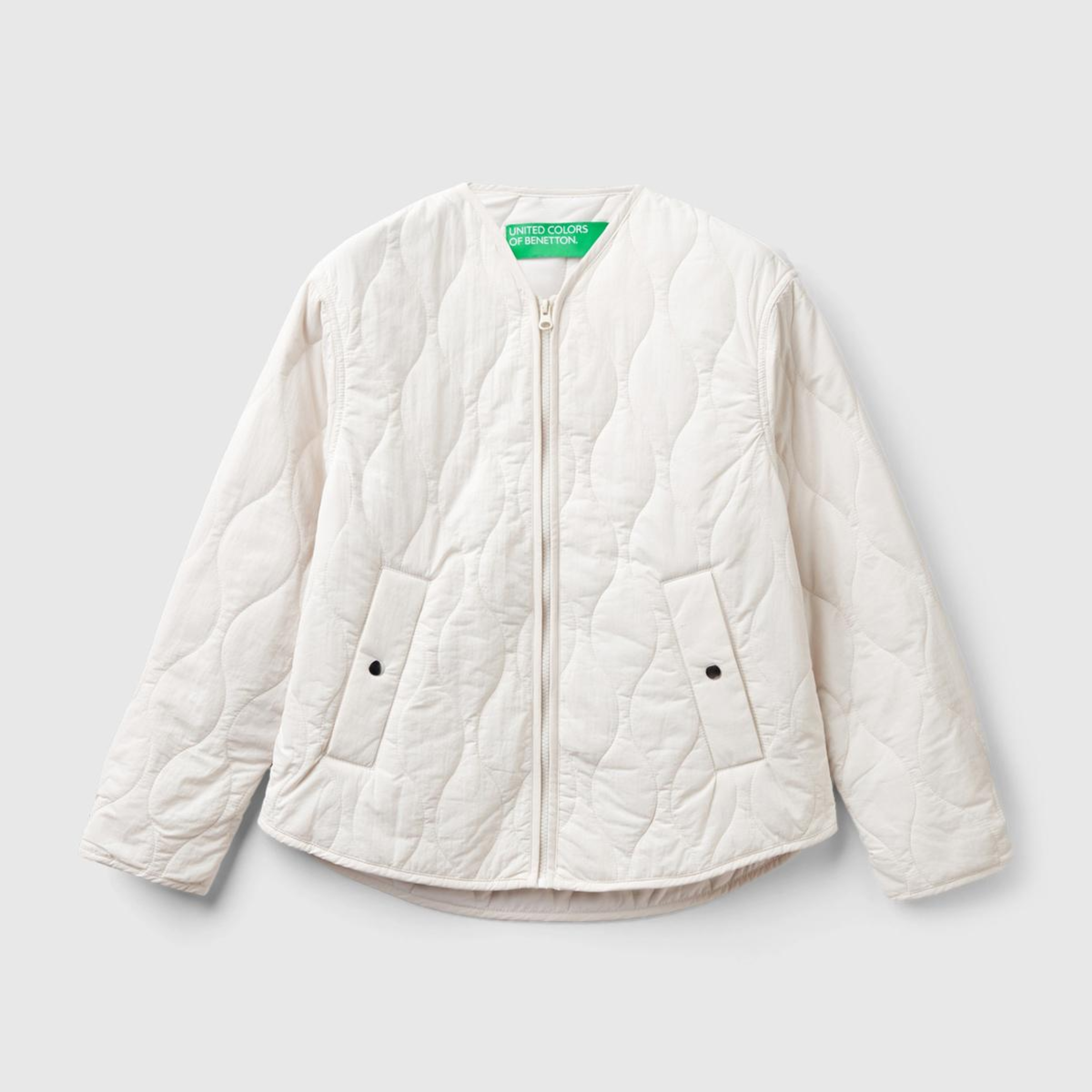 Kadın Krem Fermuarlı Önü Düğmeli Cepli Kapitone Ceket