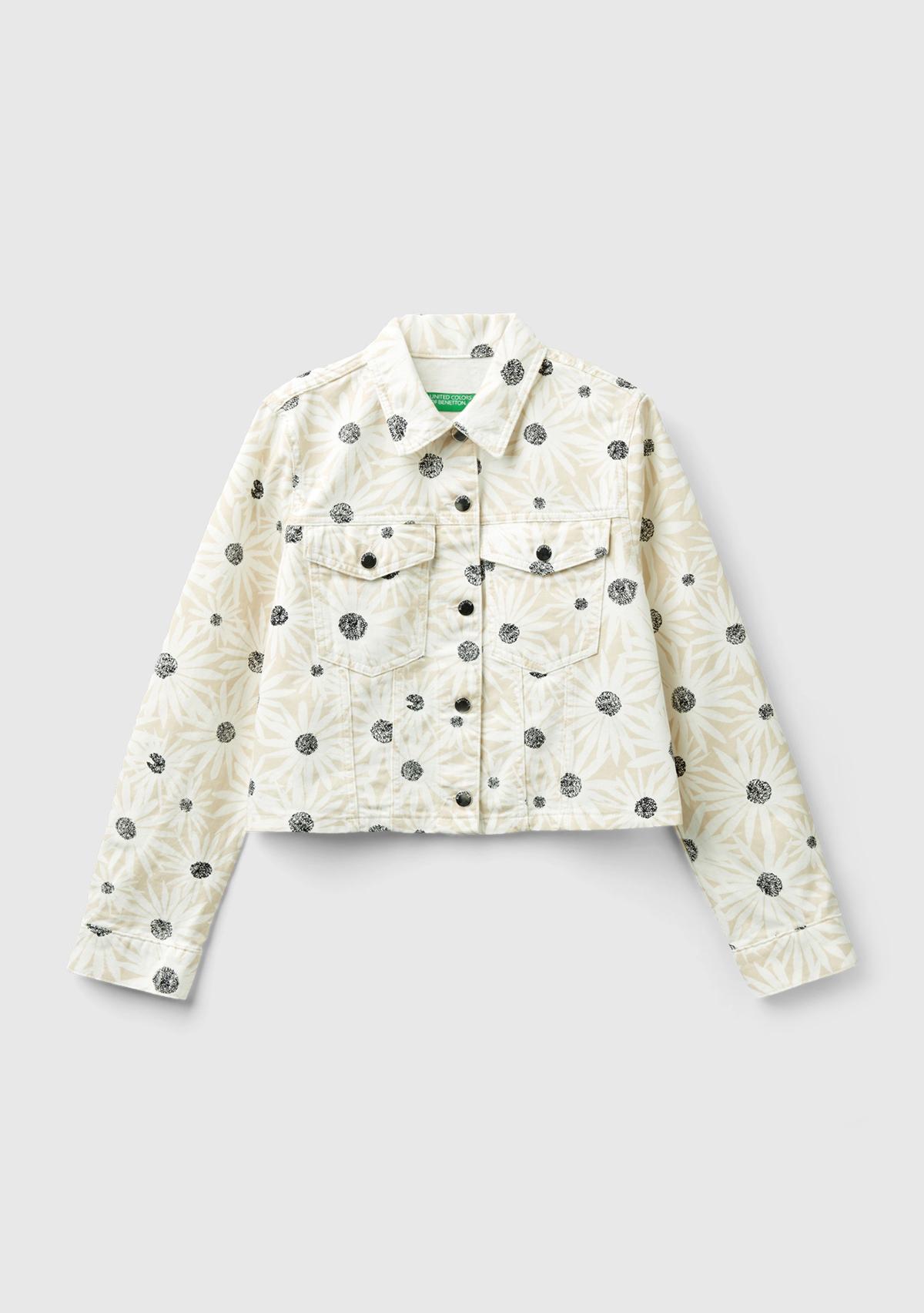 Kadın Krem Çiçek Desenli Denim Ceket