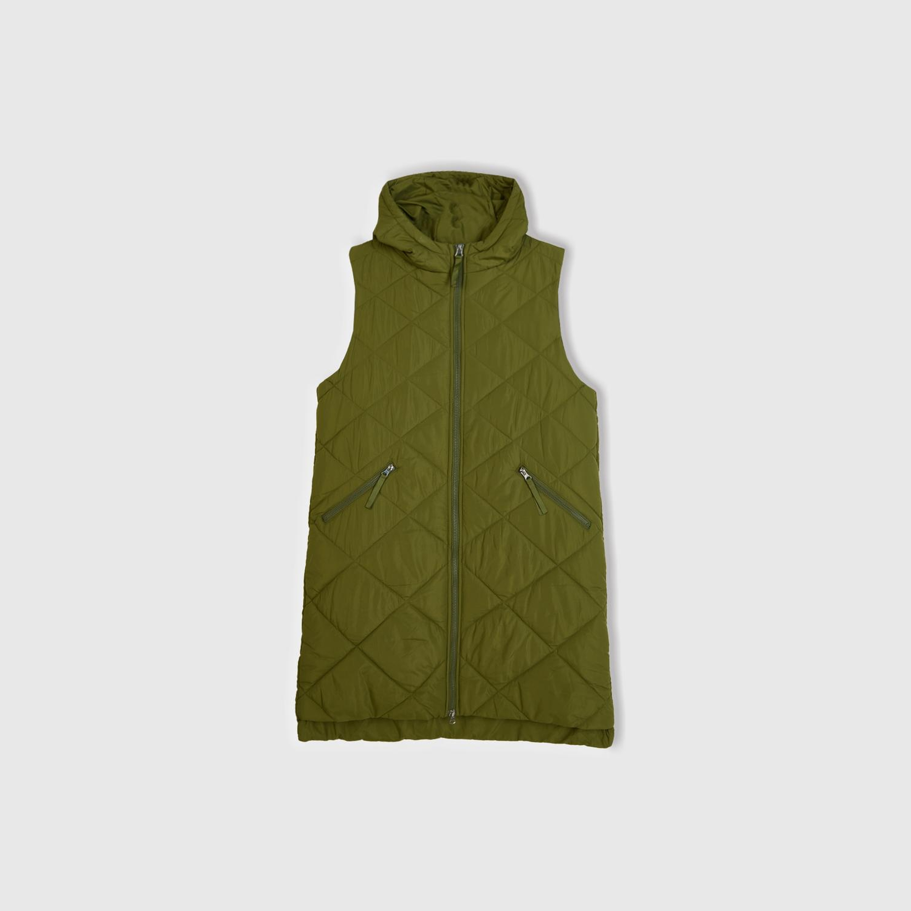 Kadın Haki Kolsuz Uzun Kapitone Mont