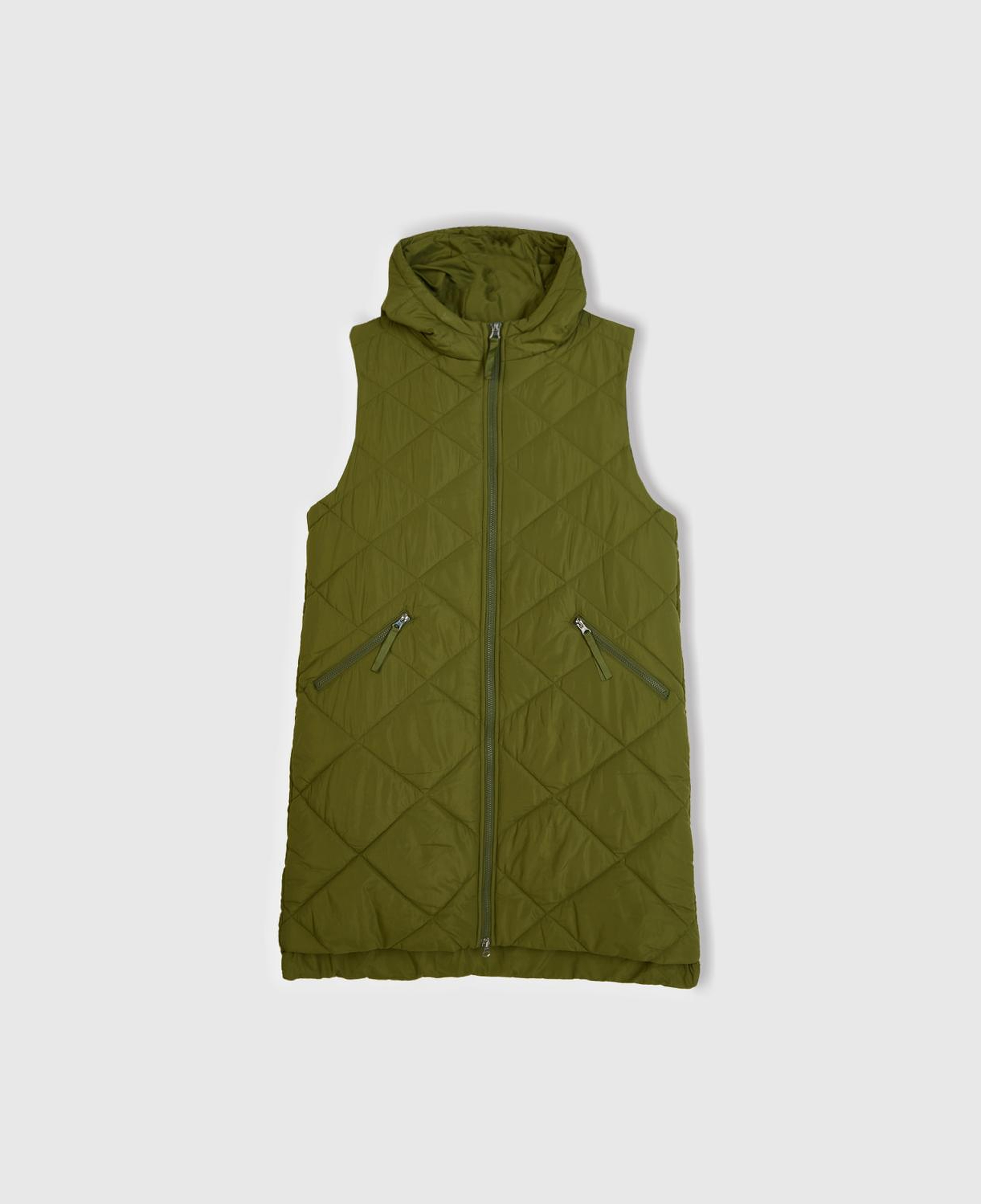 Kadın Haki Kolsuz Uzun Kapitone Mont