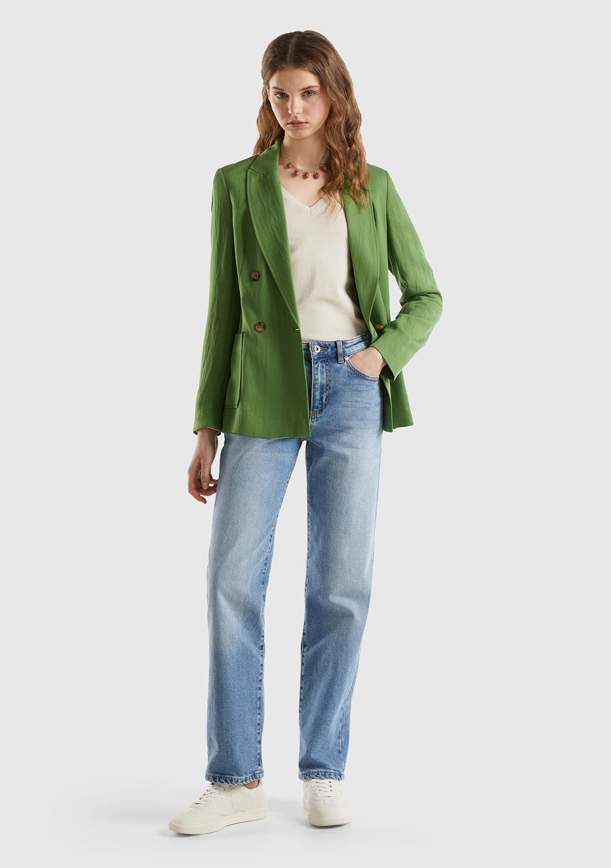 Kadın Soluk Yeşil Liyosel ve Viskoz Karışımlı Yama Cepli Kruvaze Blazer Ceket