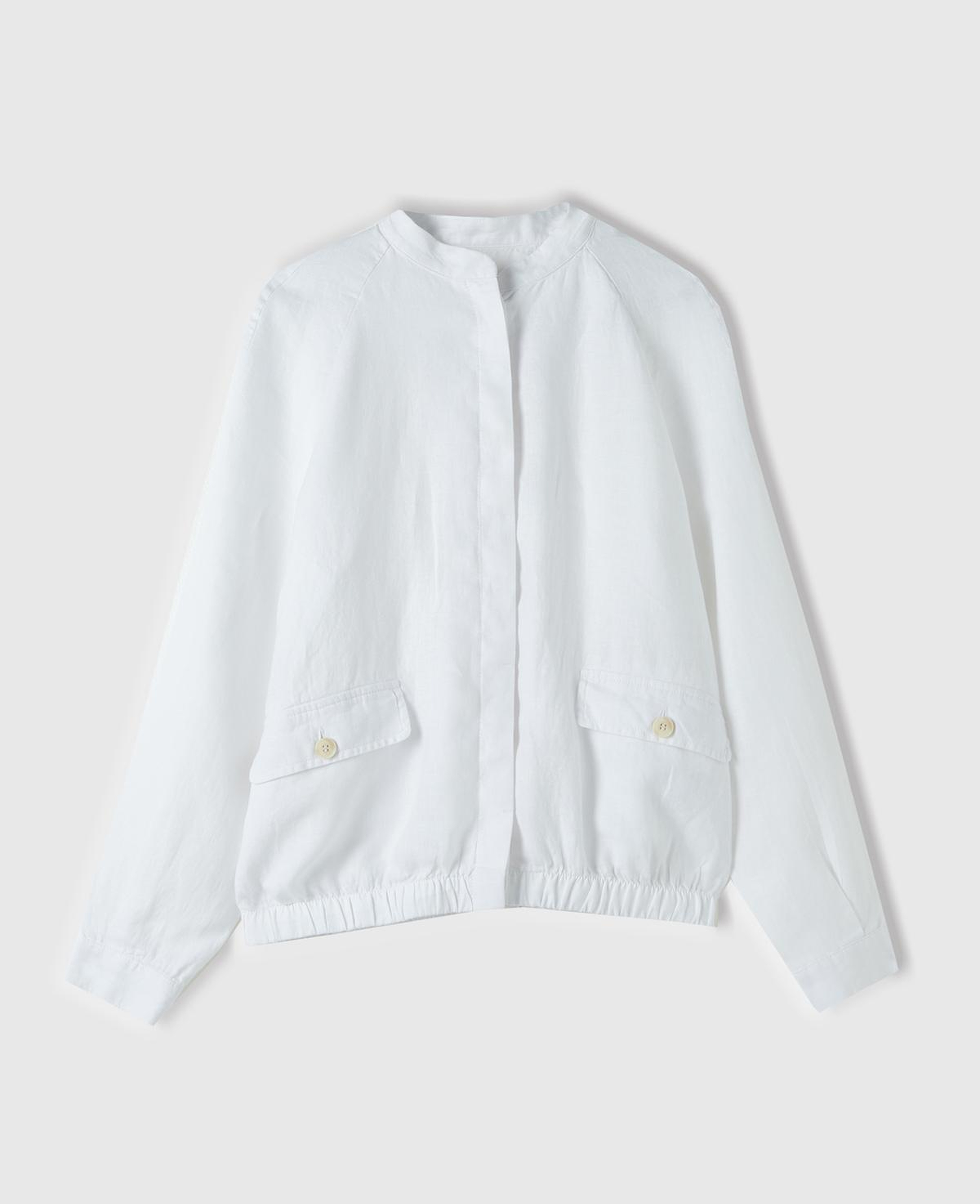 Kadın Beyaz %100 Keten Gizli Düğme Kapamalı Bomber Ceket