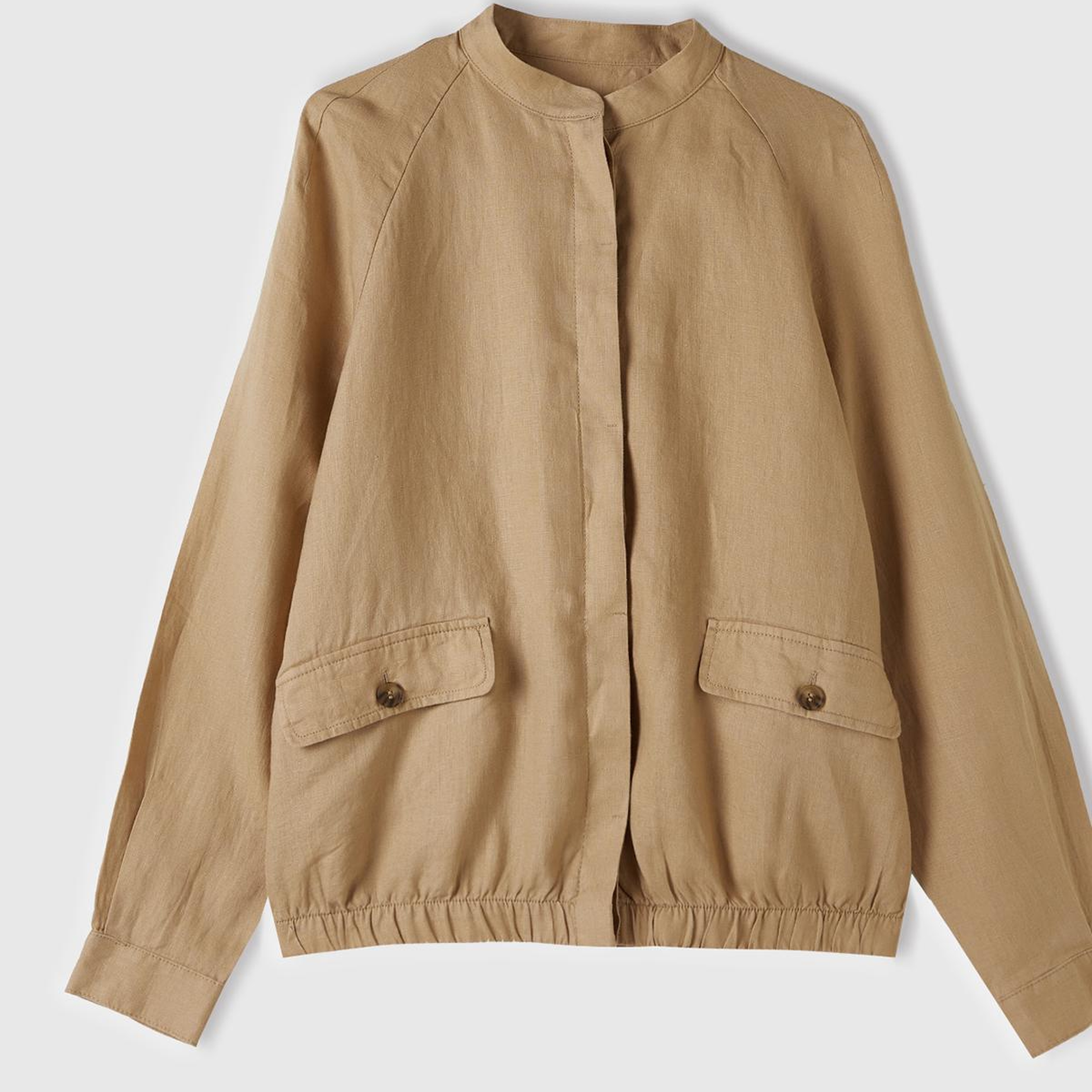 Kadın Taba %100 Keten Gizli Düğme Kapamalı Bomber Ceket