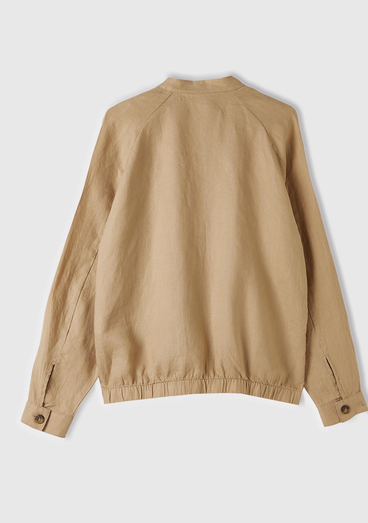 Kadın Taba %100 Keten Gizli Düğme Kapamalı Bomber Ceket