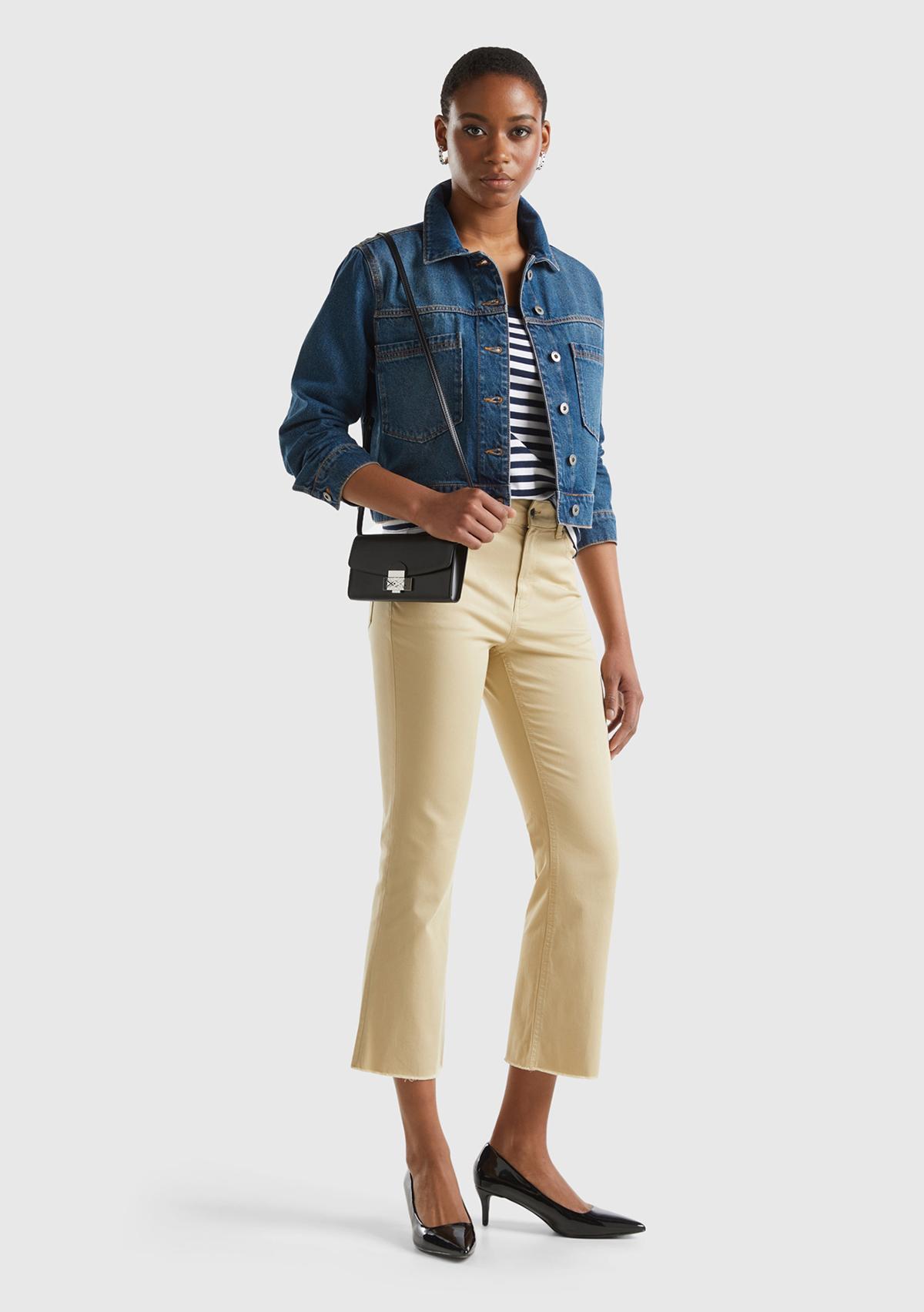 Kadın İndigo %100 Pamuk Yama Cepli Beli Ayarlanabilir Denim Ceket