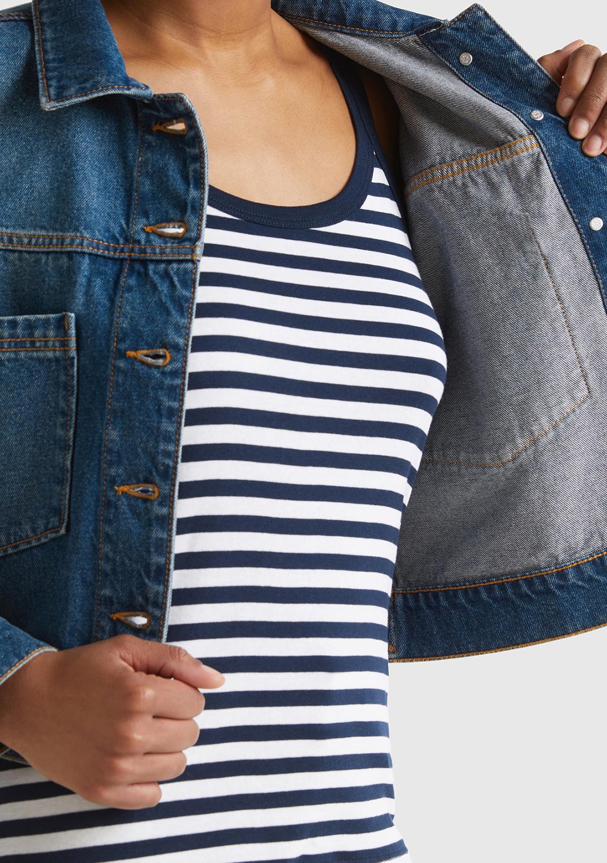 Kadın İndigo %100 Pamuk Yama Cepli Beli Ayarlanabilir Denim Ceket