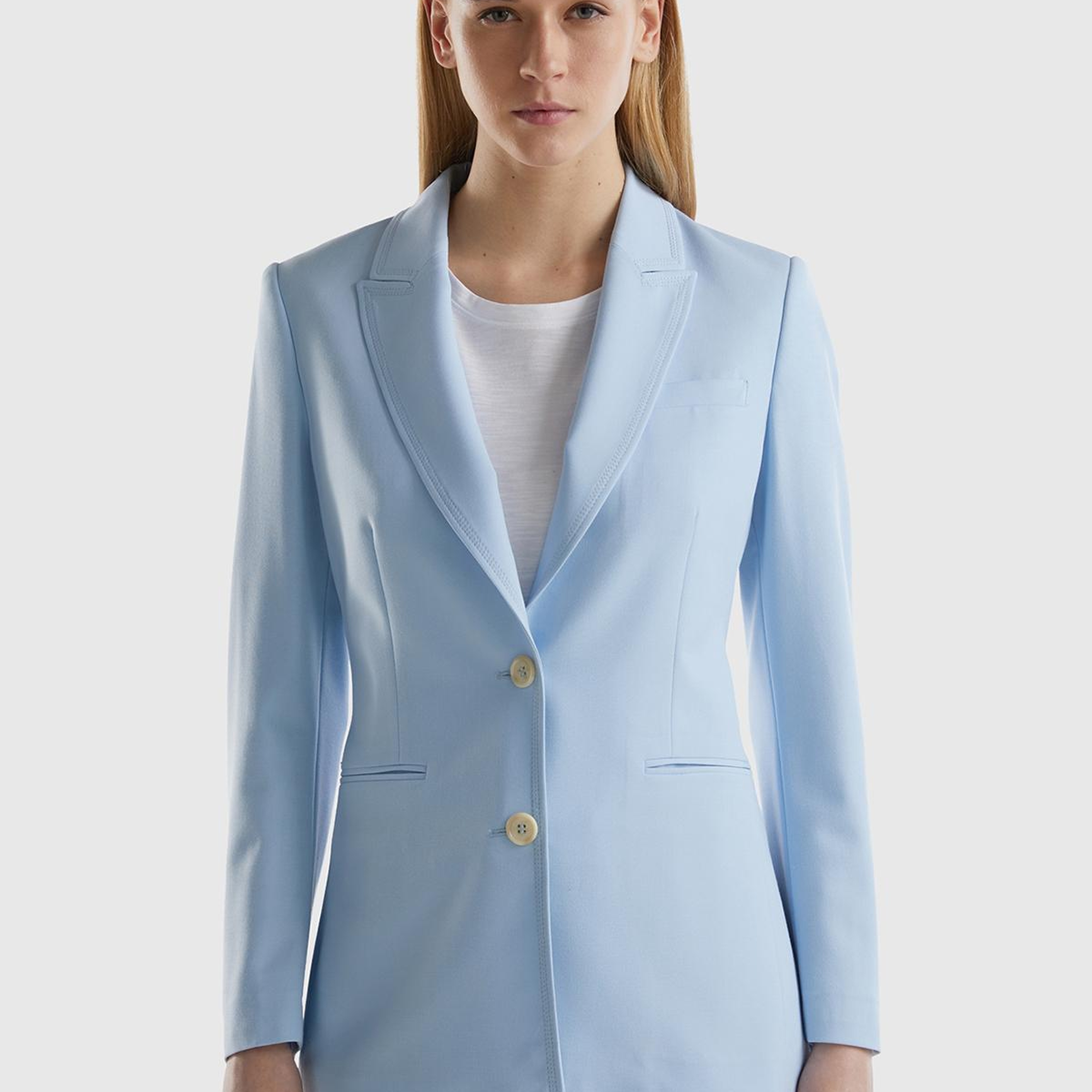 Kadın Açık Mavi Maskulen Kesim Önü Düğmeli Yalancı Kruvaze Ceket
