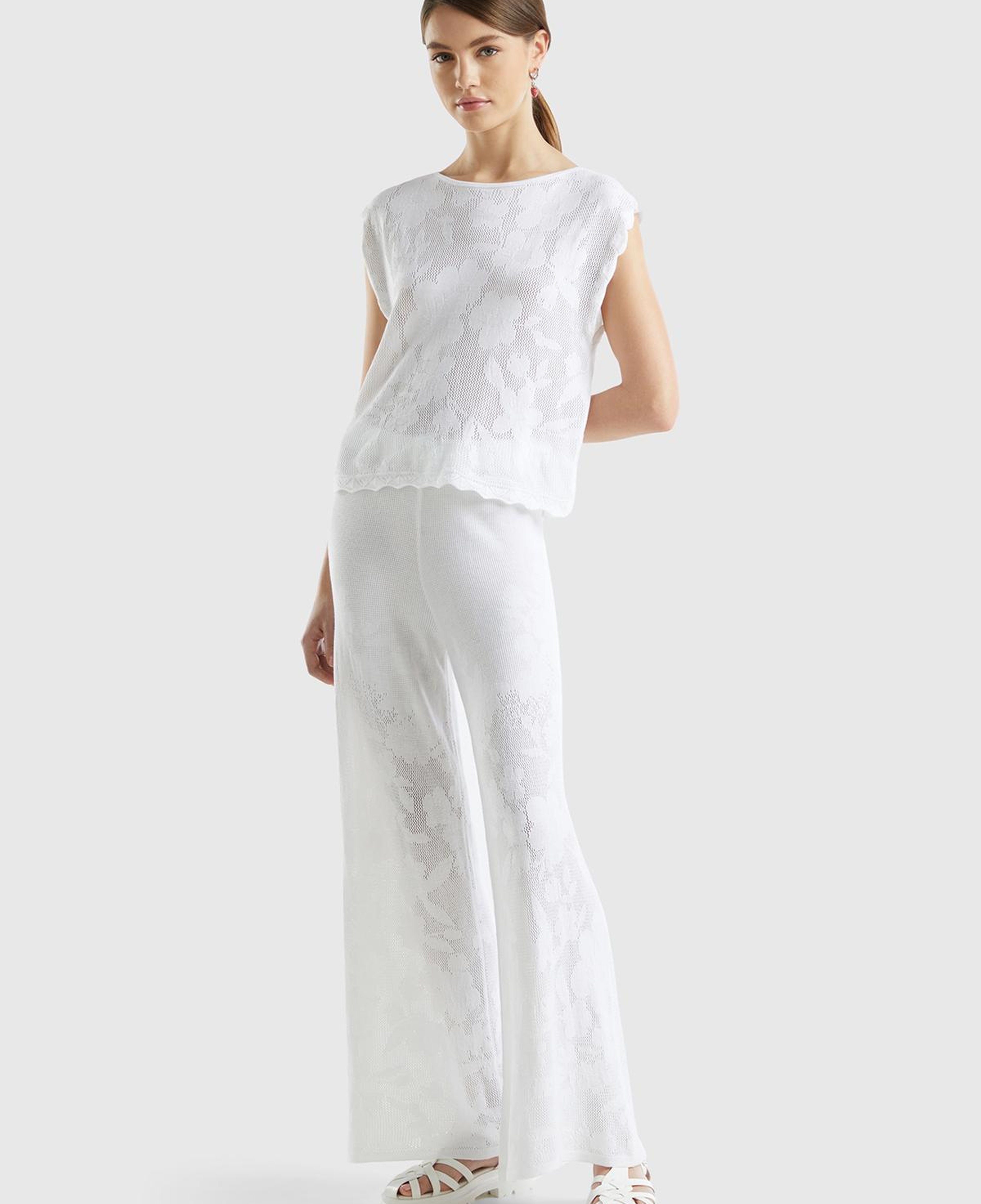 Kadın Beyaz Pamuk Modal Karışımlı Motifli Normal Bel Triko Pantolon