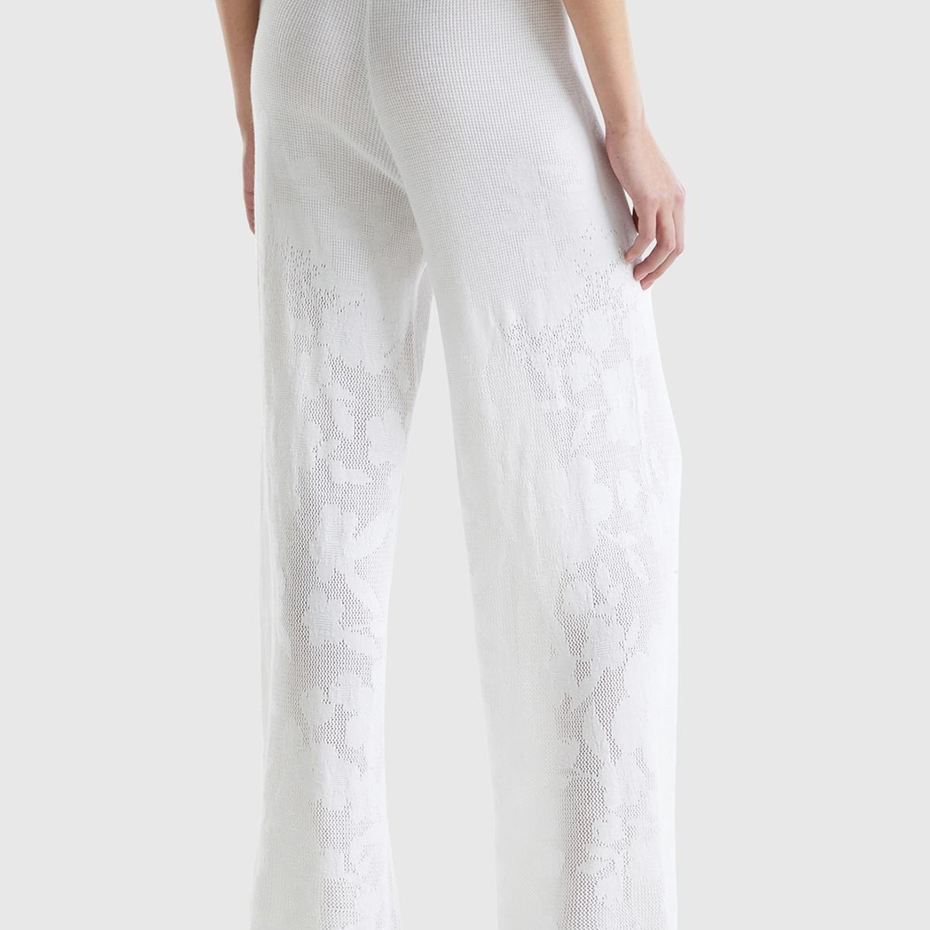 Kadın Beyaz Pamuk Modal Karışımlı Motifli Normal Bel Triko Pantolon