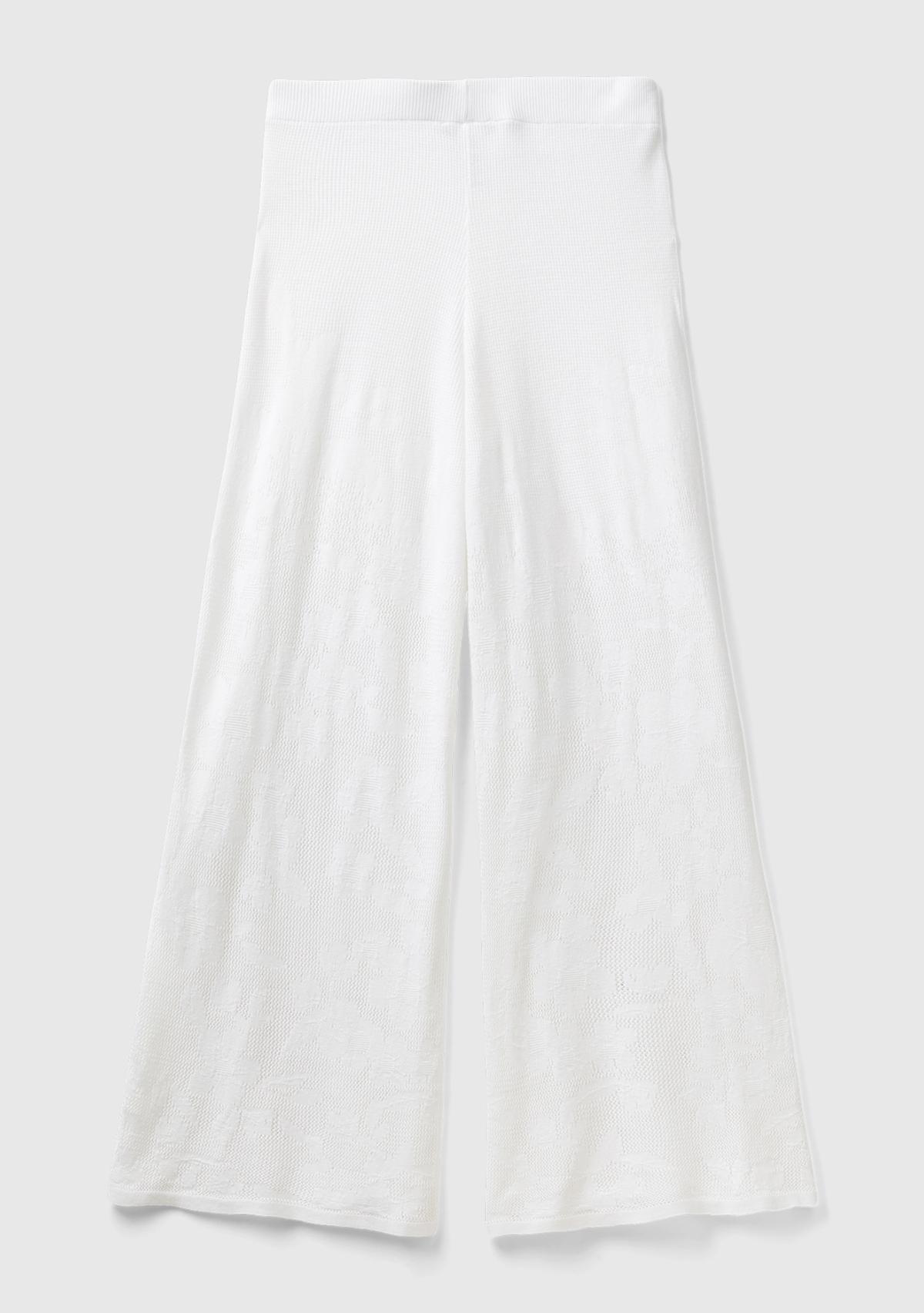 Kadın Beyaz Pamuk Modal Karışımlı Motifli Normal Bel Triko Pantolon