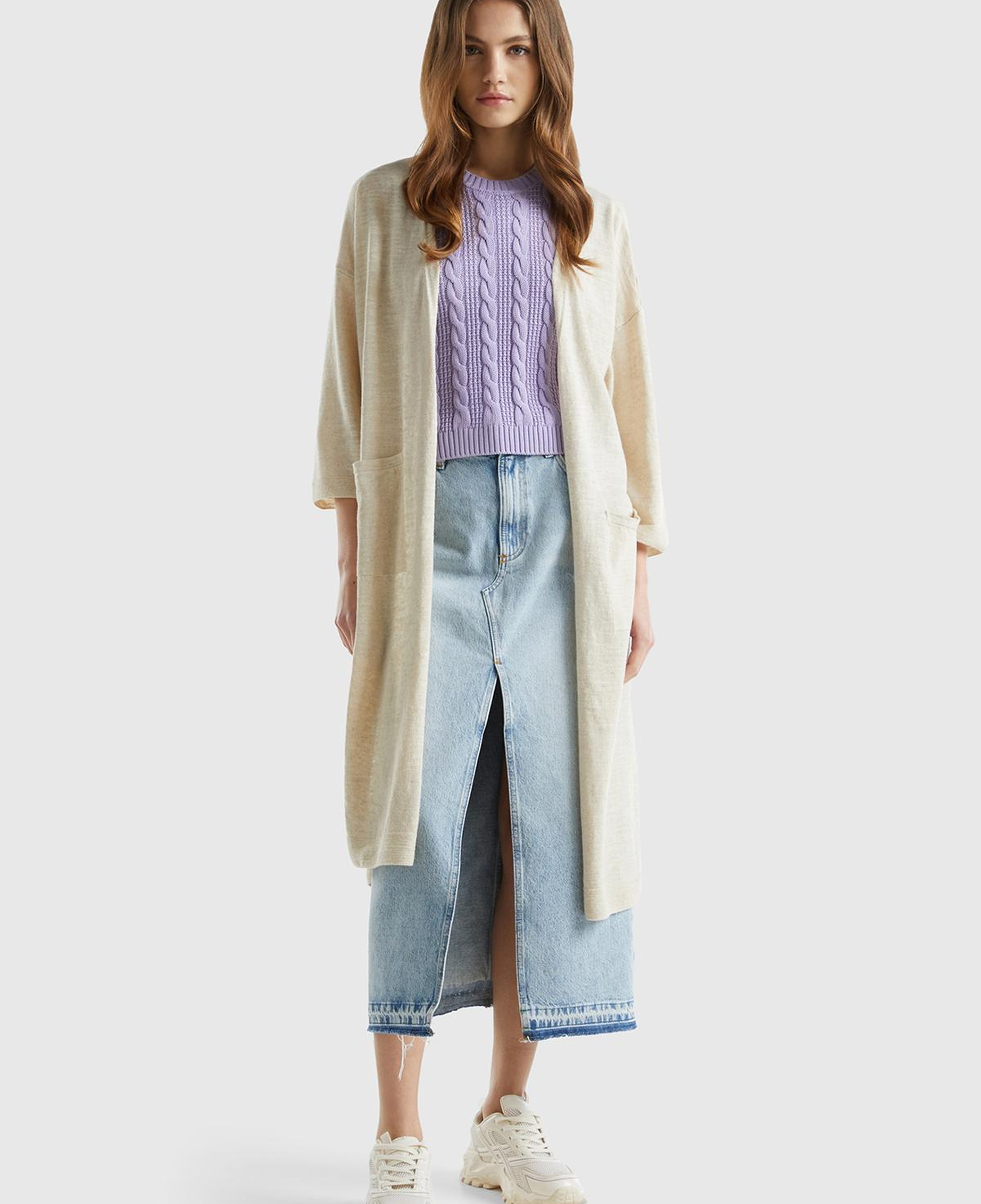 Kadın Vanilya Pamuk Keten Karışımlı Yırtmaçlı Uzun Hırka