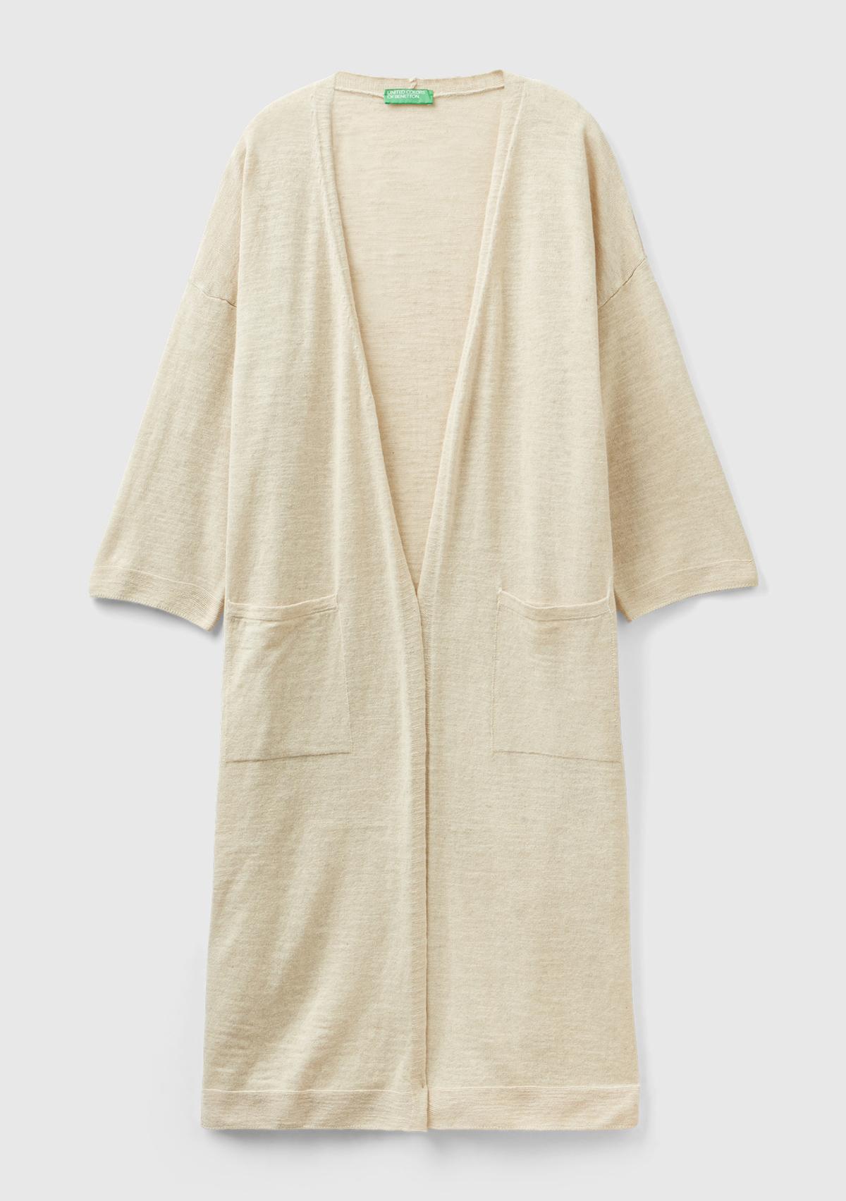 Kadın Vanilya Pamuk Keten Karışımlı Yırtmaçlı Uzun Hırka