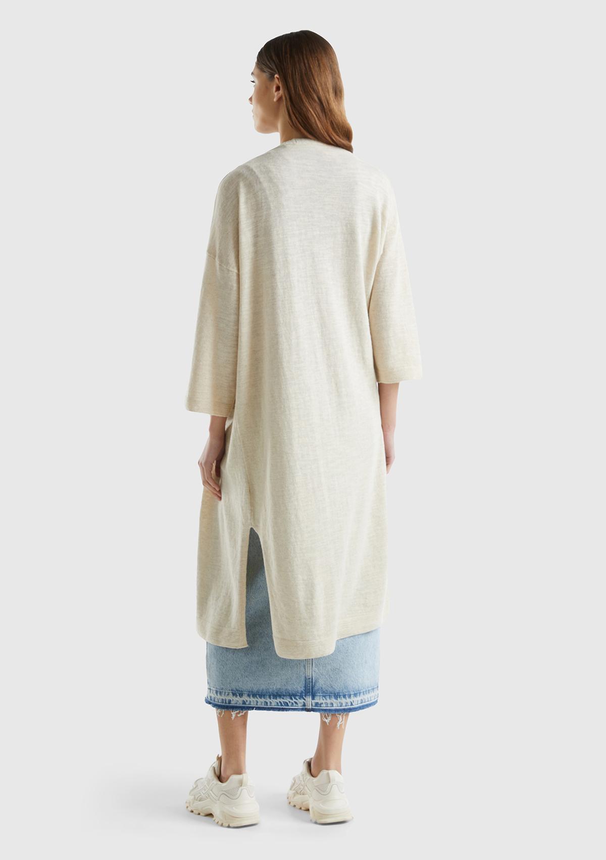 Kadın Vanilya Pamuk Keten Karışımlı Yırtmaçlı Uzun Hırka