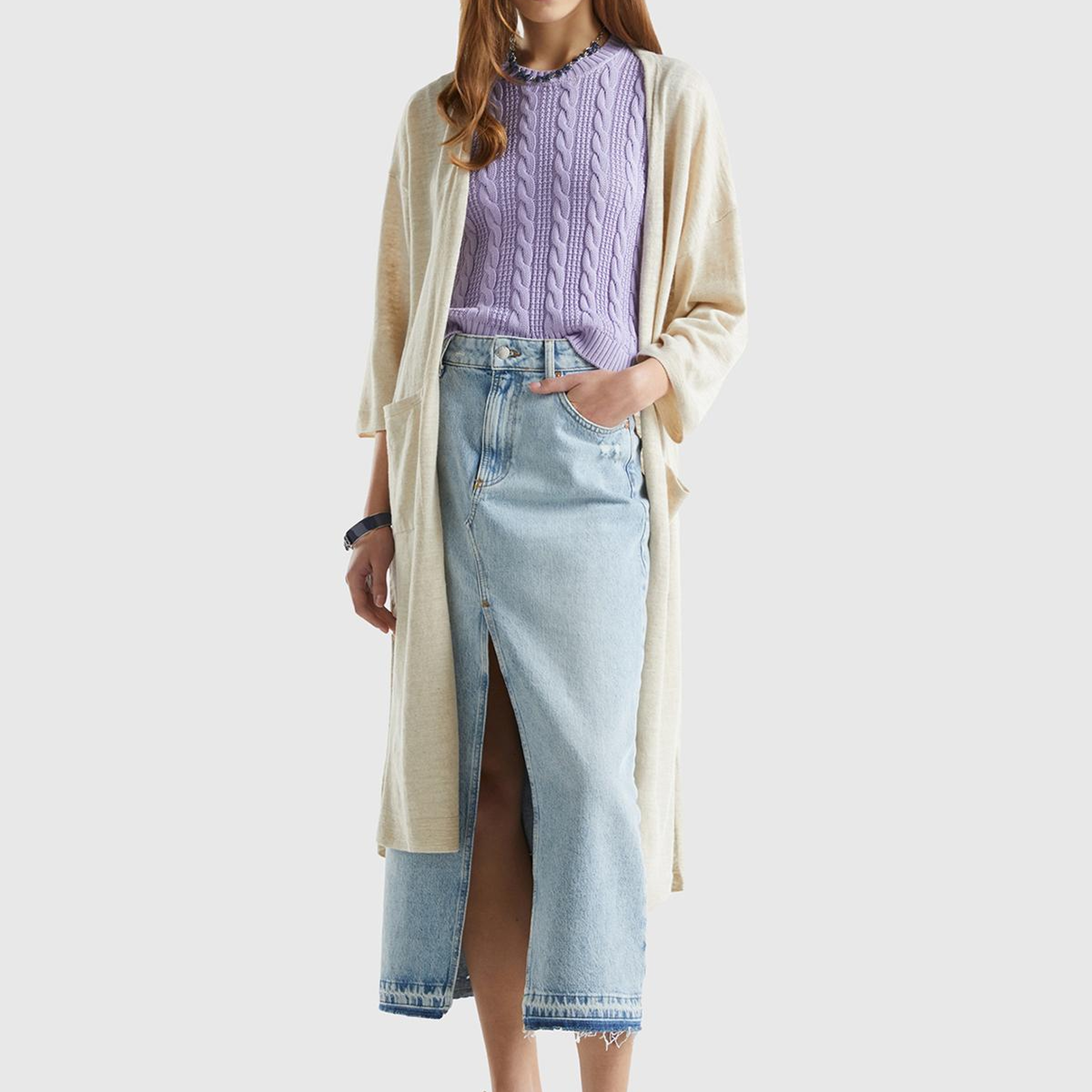 Kadın Vanilya Pamuk Keten Karışımlı Yırtmaçlı Uzun Hırka