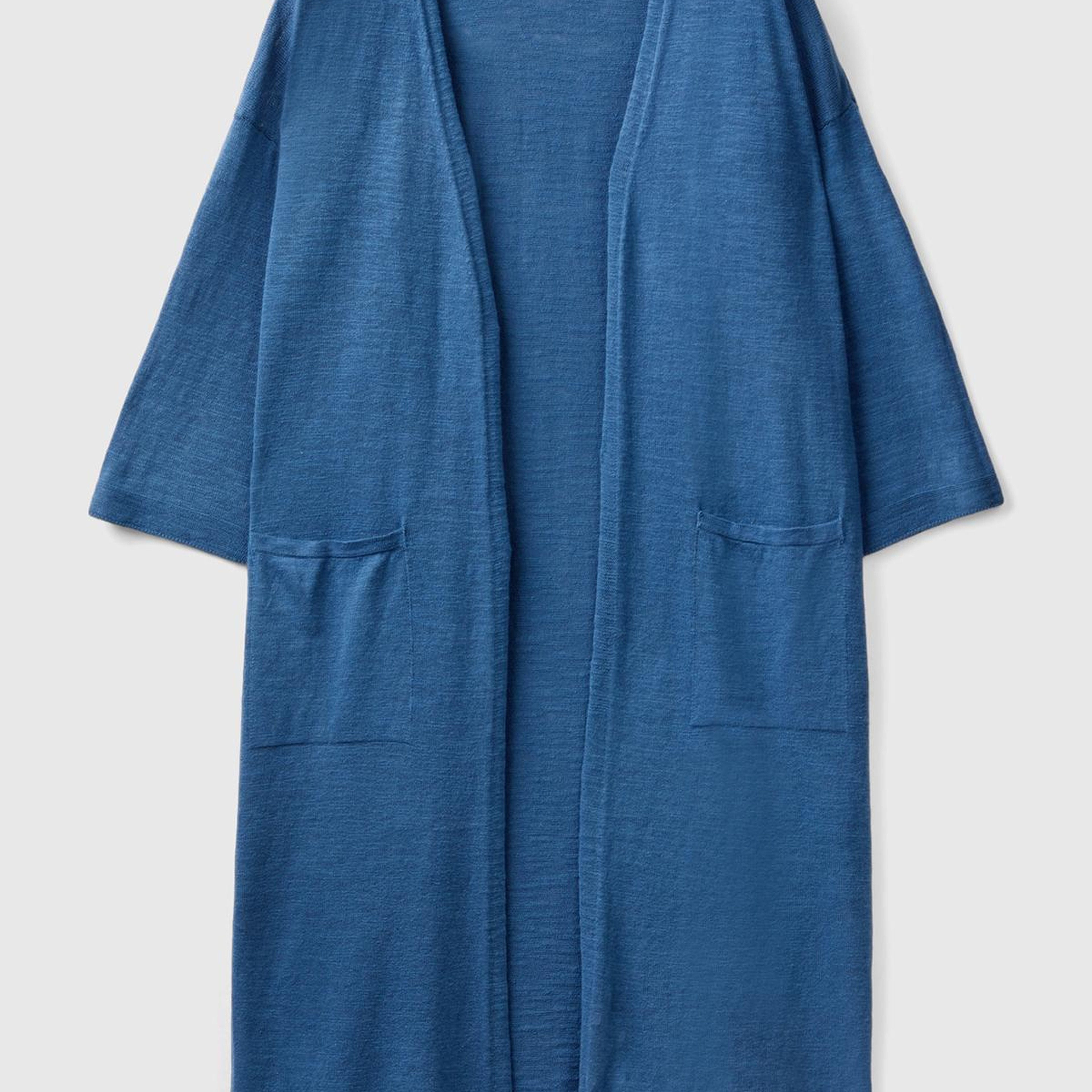 Kadın Gece Mavisi Pamuk Keten Karışımlı Yırtmaçlı Uzun Hırka