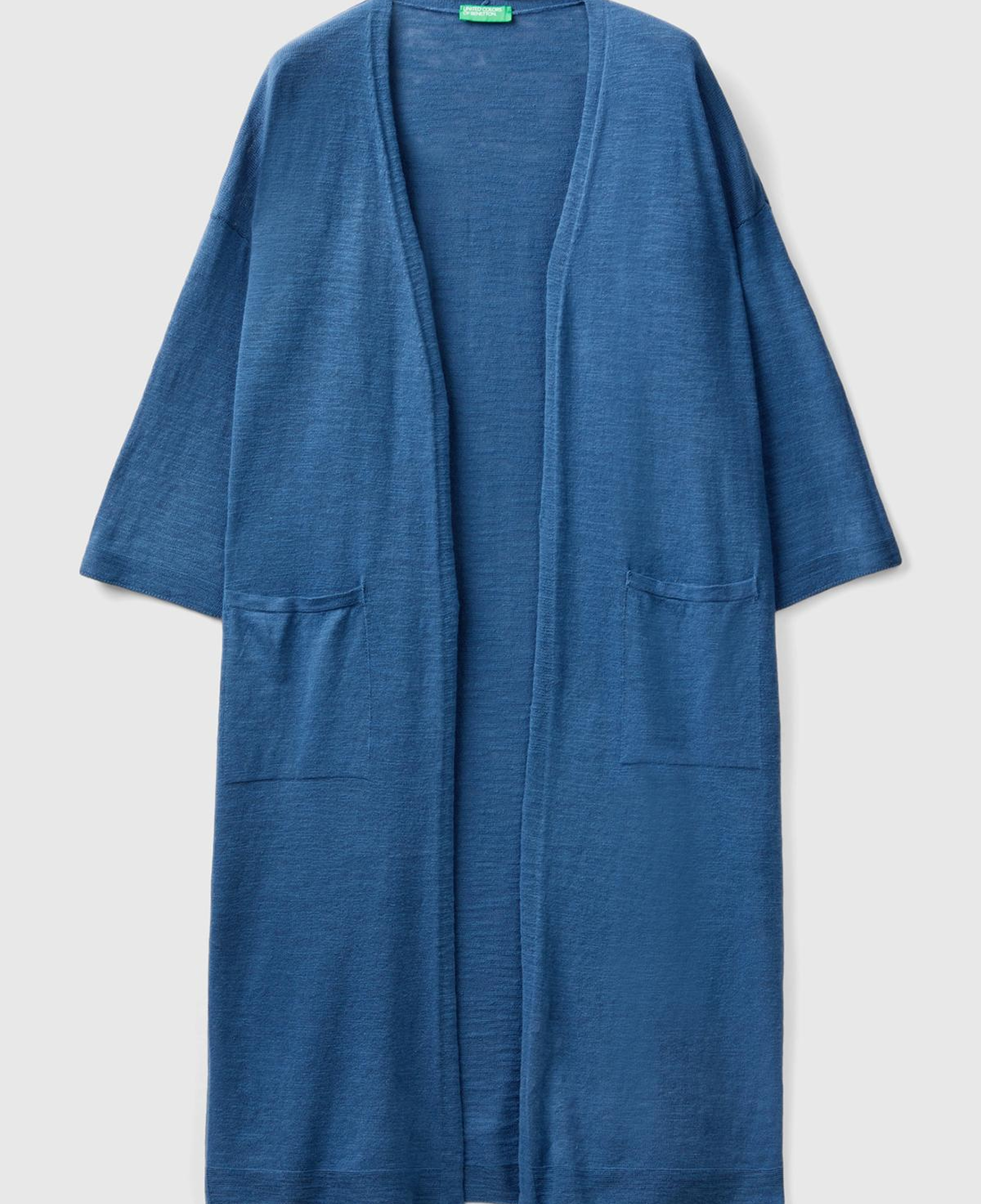 Kadın Gece Mavisi Pamuk Keten Karışımlı Yırtmaçlı Uzun Hırka