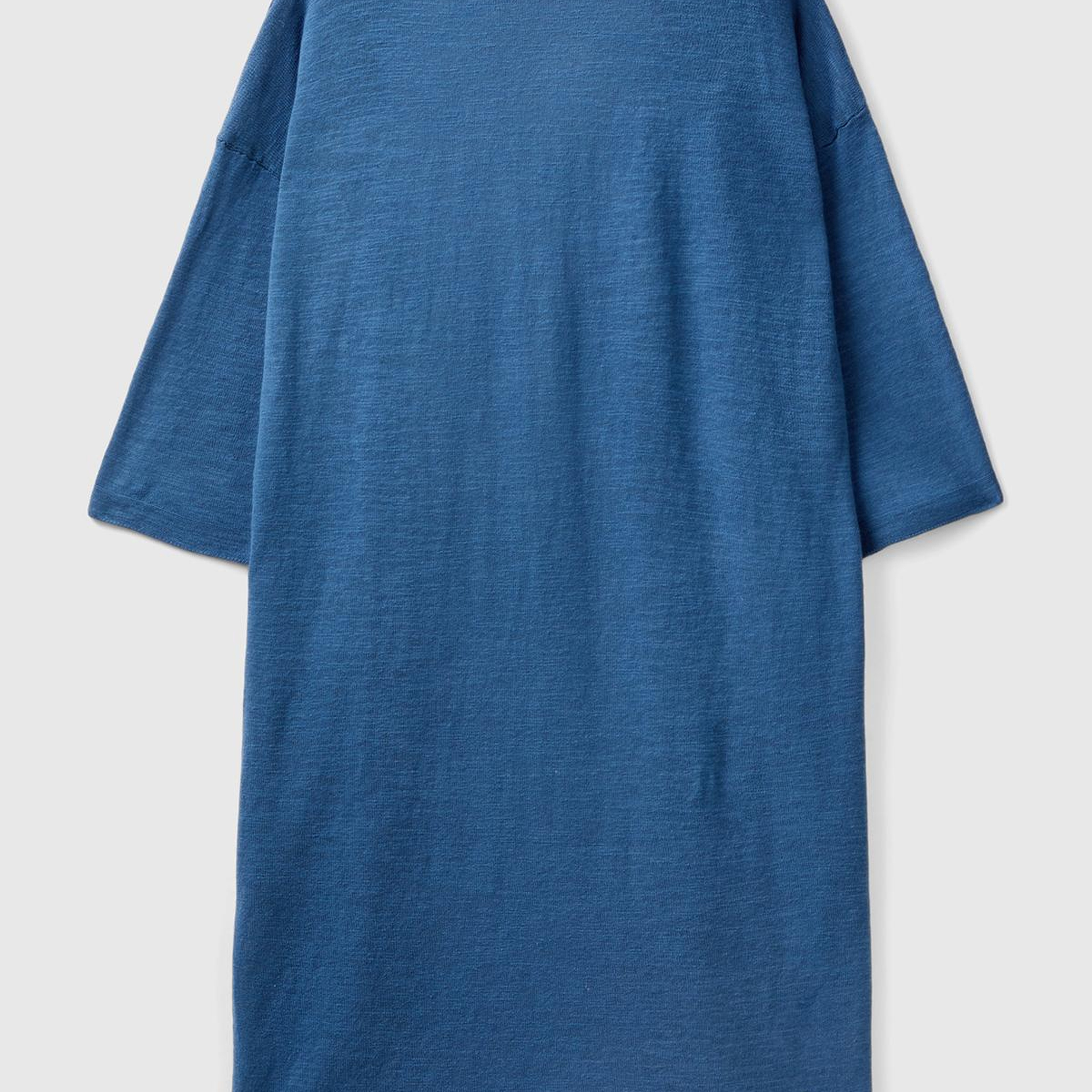 Kadın Gece Mavisi Pamuk Keten Karışımlı Yırtmaçlı Uzun Hırka